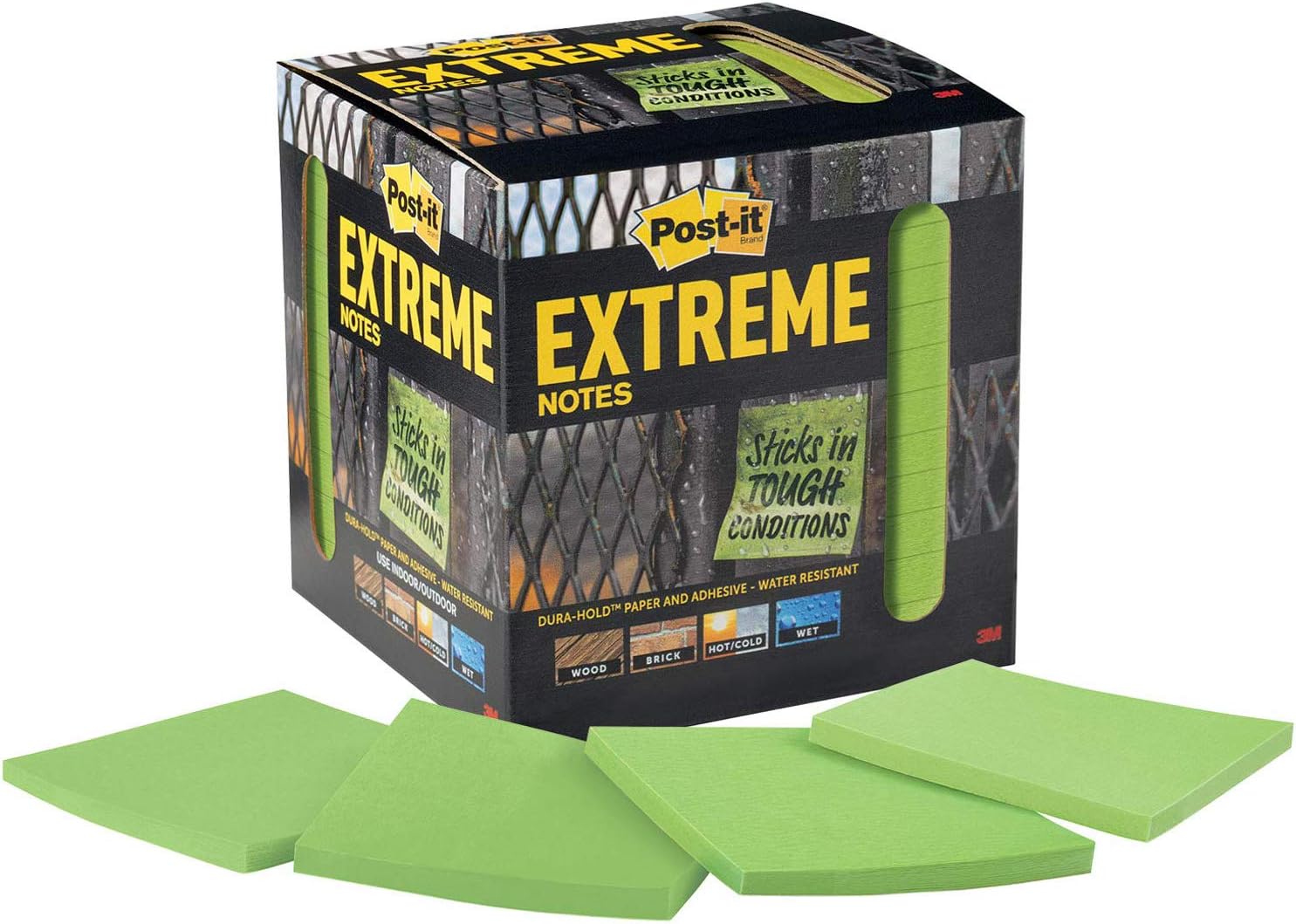 Post-it Extreme Notes, Works outdoors, Removes cleanly, 100X the holding power, Green, 3 in x 3 in, 12 Pads/Pack, 45 Sheets/Pad (EXTRM33-12TRYG)