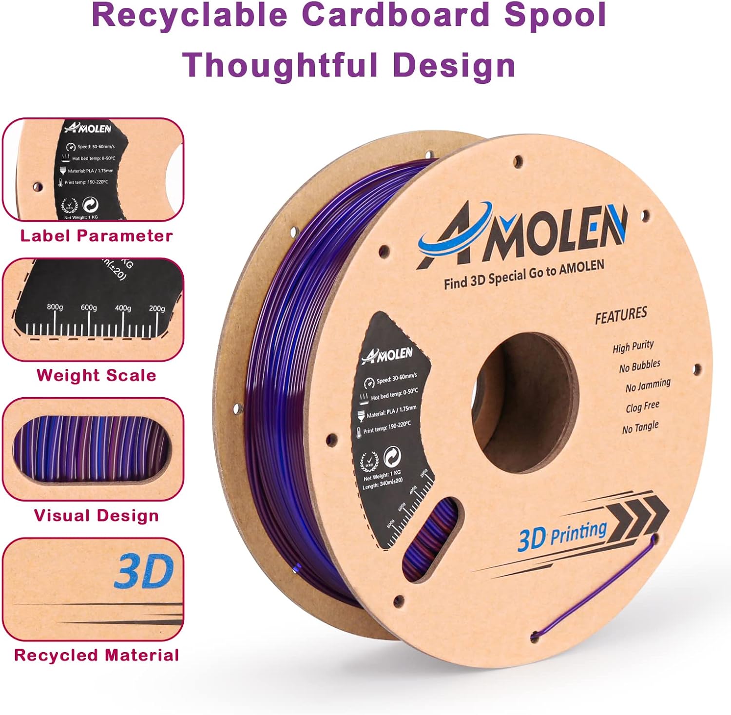 AMOLEN 3D Printer Filament, 1.75mm Transparent Multicolor,Blue Purple,Yellow Green Red,Blue Brown,Orange Grey,200g x 4 Spools & Transparent Blue Purple, 1KG/2.2lb