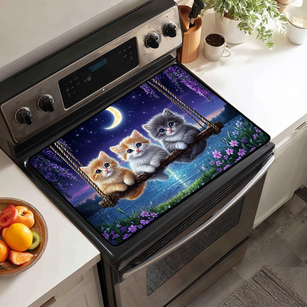 Cute Kitten Electric Stove Top Cover Protector,Moonlight Lake Stove Top Covers for Gas Burners,Lavender Cooktop Mat for Ceramic Glass Cooktop Protector,Glass Top Stove Cover