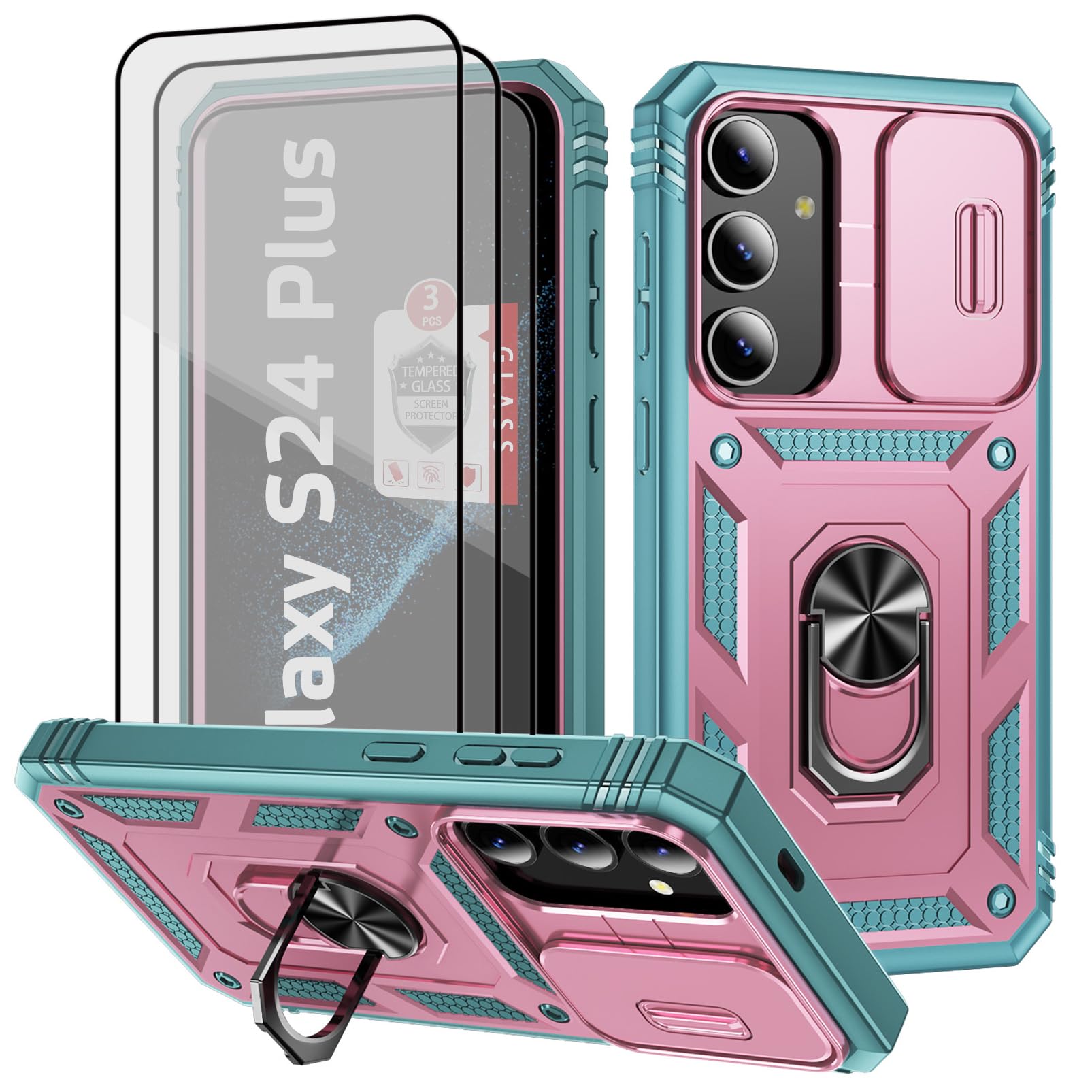 Case for Galaxy S24 Plus and Galaxy S25 Plus 6.7", with 3 Pcs Tempered Glass Screen Protector Built in Ring Stand Kickstand + Camera Cover, Hard PC