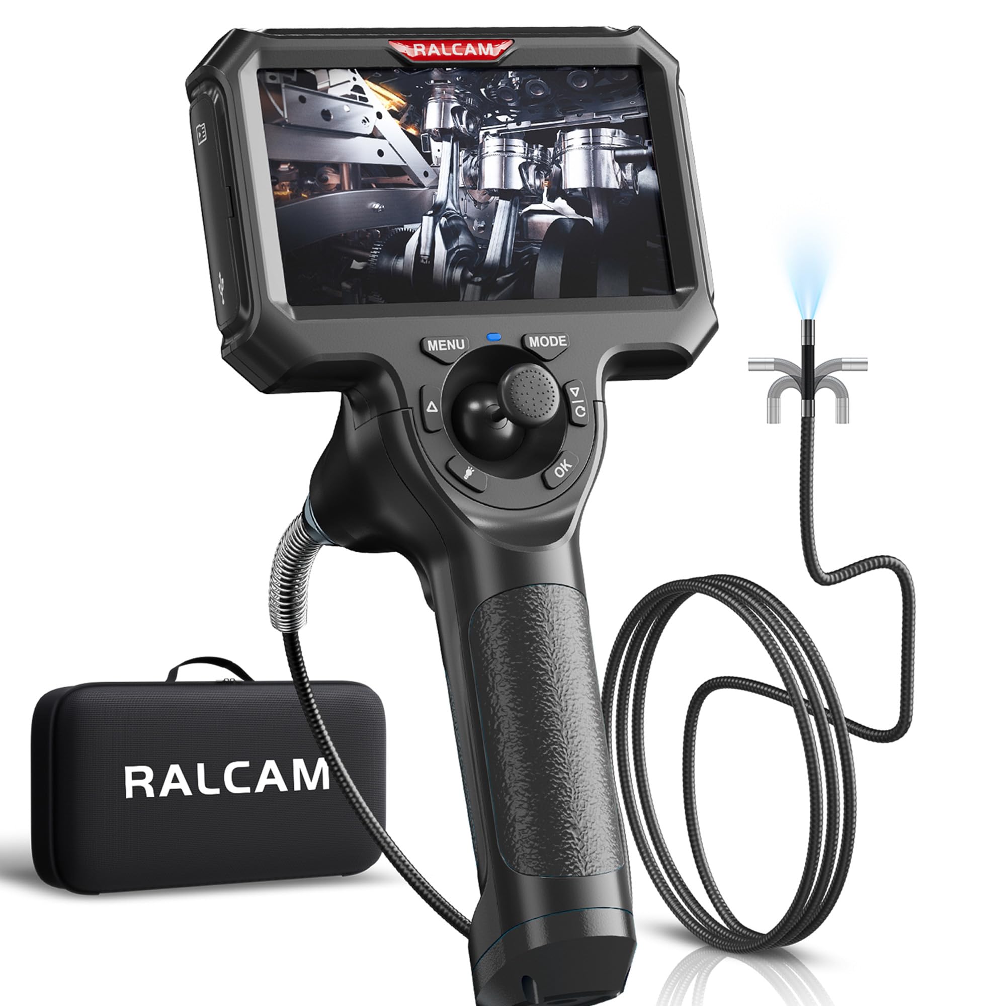 Ralcam Caméra Endoscopique avec Lumière, Endoscope 360°, Écran 5" HD, 1280×720, IP67, Caméra Inspection Canalisation Voiture (6,2 mm Sonde/ 1,5M Semi-Rigide)