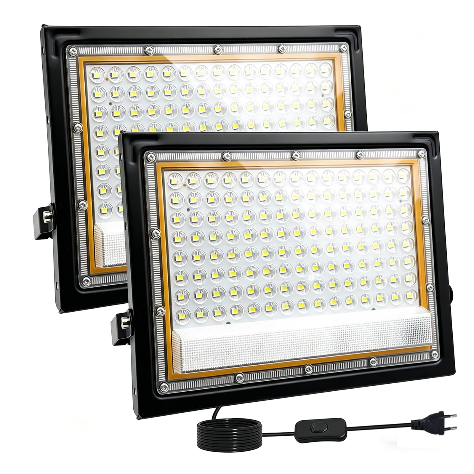2 Piezas Focos LED Exterior 100W, 1.5M Cable Blanco Frío 6500K Proyector LED Exterior, Resistente al Agua IP66 Foco Proyector LED, 10000LM para Terrazas, Patios, Balcones, Parques, Garajes