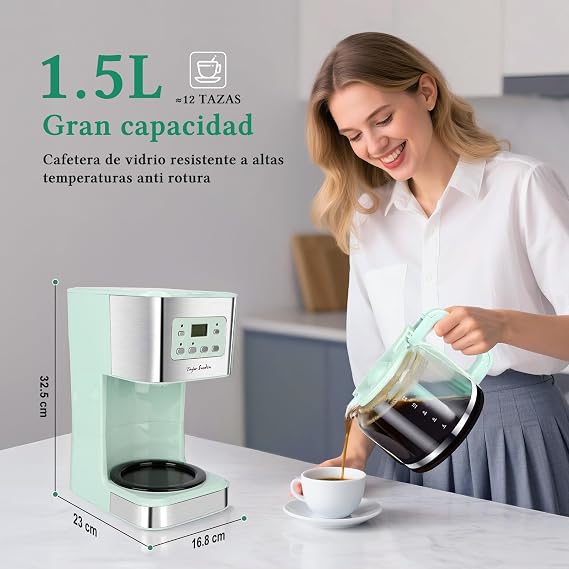 Taylor Swoden Drip Coffee Maker 12 Cups with Permanent Filter, Programmable 24h, Screen Shut-Off Function, AutoClean Function, Leak-proof System, Keep Warm Function, BPA-Free, 950W, Green