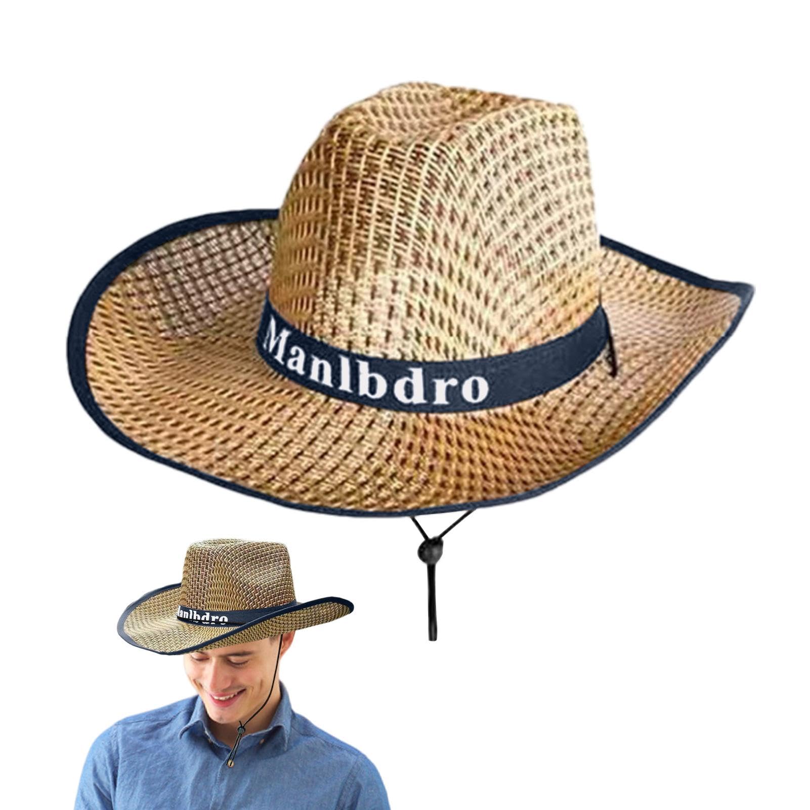 Genikeer Sombrero de Paja de ala Ancha,Sombrero de de Paja para Hombre | Sombreros de Sol de de Pesca | Gorra para el Sol con protección UV para Exteriores, Sombrero de Occidental de Verano para
