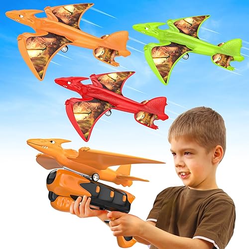 Paquete de 3 juguetes lanzadores de aviones de dinosaurio, juguetes voladores para niños de 3, 4, 5, 6, 7, 8, 9, 10 años, juguetes para niños de 5 a