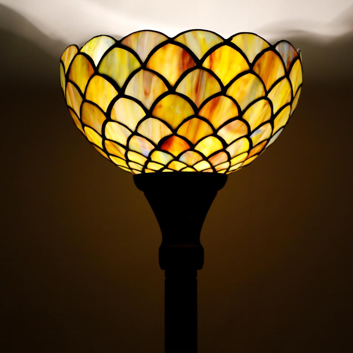 Tiffany Torchiere Floor Lamp Stained Glass Standing Corner Torch Uplight 10X10X72 Inch for Bedroom Living Room Home Office (Brown Fish Scales)