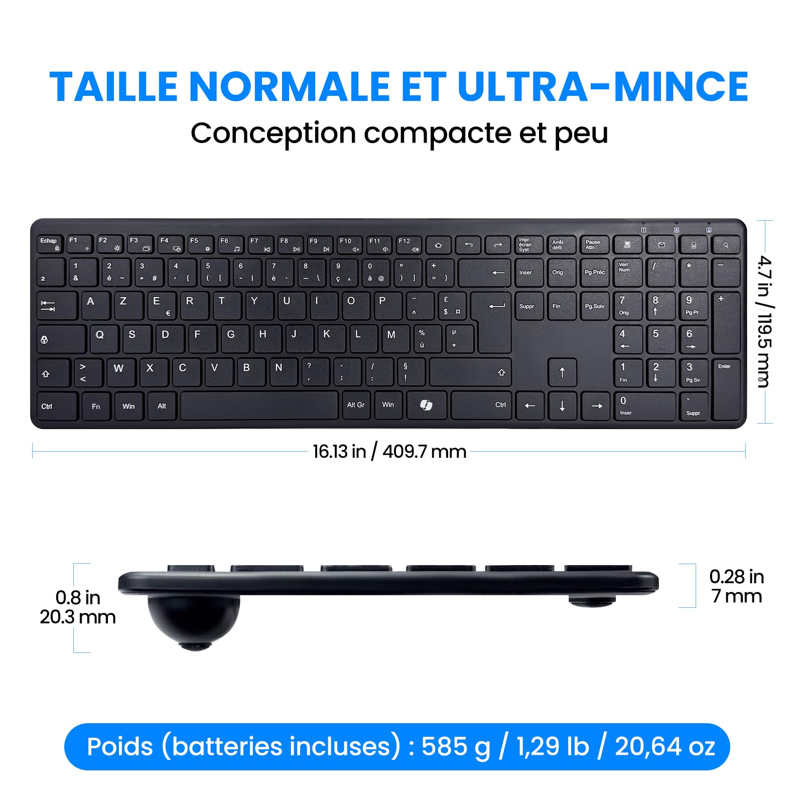 INFINMIND Clavier Sans Fil AZERTY, Ultra-Mince Clavier Silencieux Sans Fil avec 2,4 G USB Récepteur /Type-C,19 Raccourcis Multimédia Numérique Pavé Longue Batterie Autonomie pour Desktop,MAC,Windows