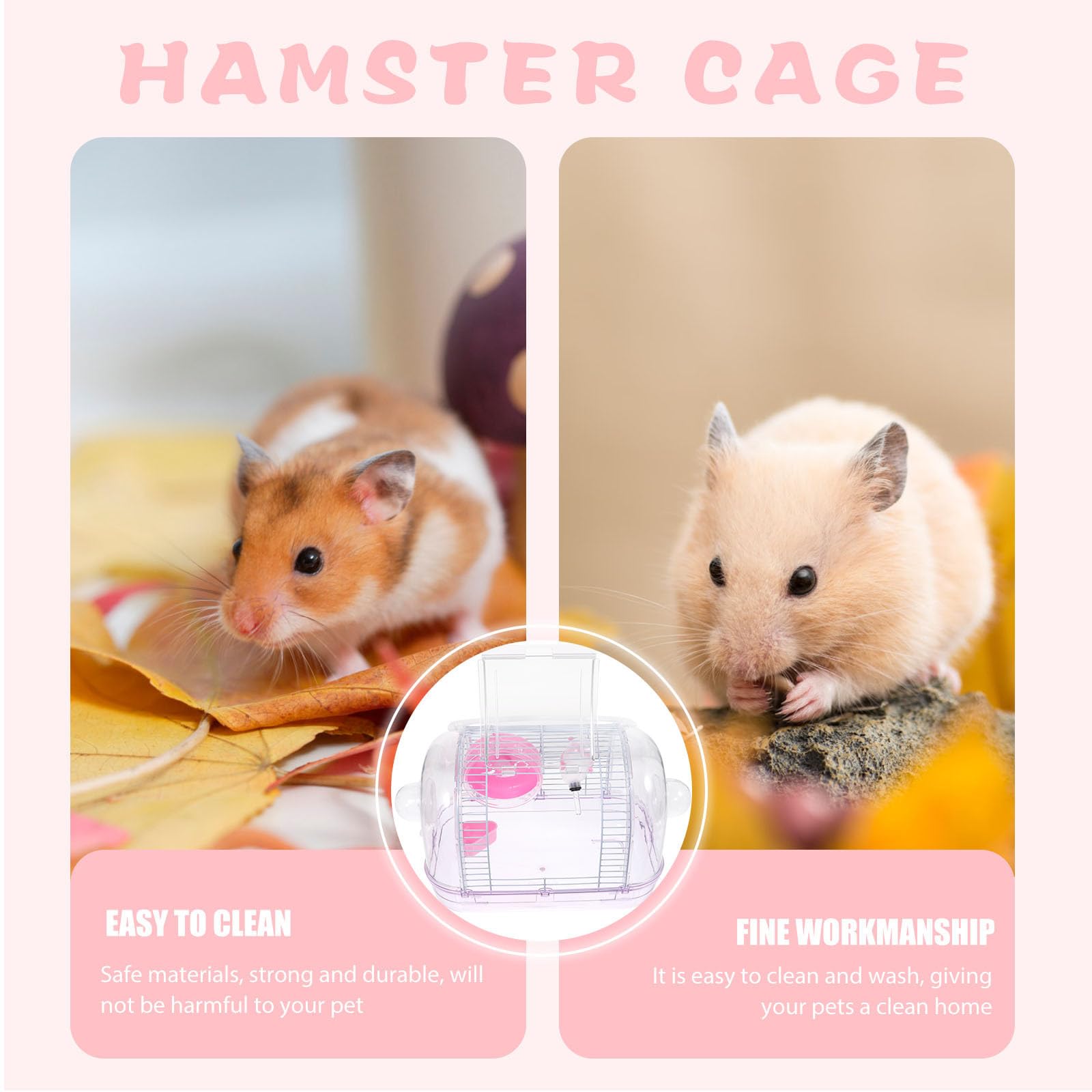 KALLORY Tragbare Hamstertransportbox aus Eisen und Kunststoff Leicht zu Reinigen Rosa Kleintierkäfig für Hamster und Meerschweinchen Reisen