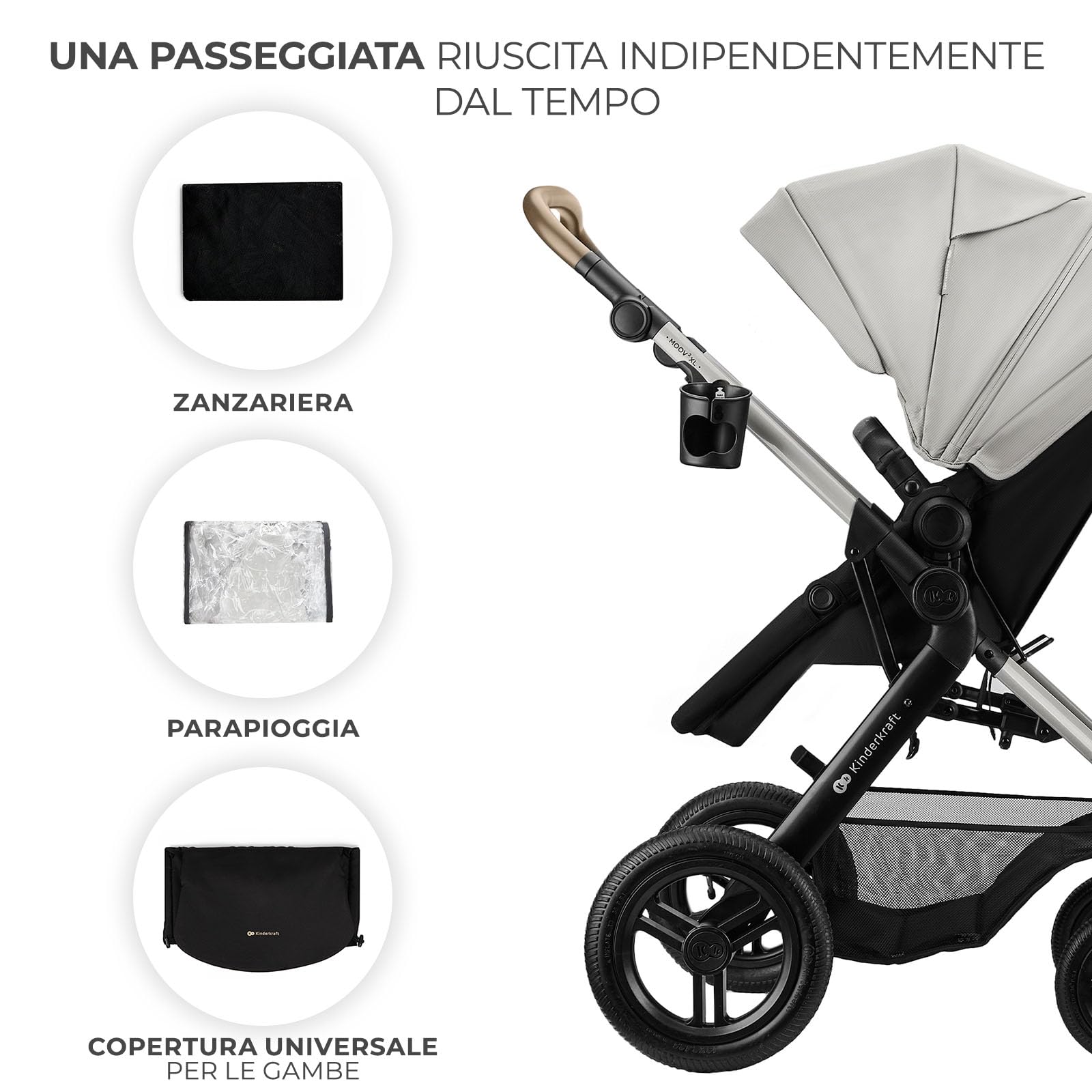 Kinderkraft MOOV XL 3 in 1, Passeggino fino a 27 kg, Carrozzina, Con Seduta I-SIZE 40-75 cm, Pieghevole, Ammortizzatore, Convertibile, Navicella XL, Con Accessori, Grigio Chiaro