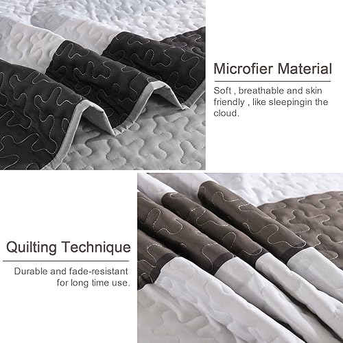 Miniatura 5 de Juego de edredón gris tamaño King, juego de ropa de cama de mosaico a rayas de microfibra bohemia de 3 piezas, colcha ligera de granja para mujeres