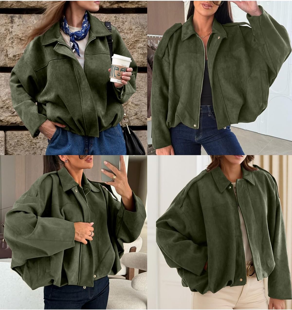 EVALESS Womens Faux Suede Bomber Jackets Long Sleeve Spring Coats Zip Up Cropped Jacket Trendy Outerwear with Pockets - Image 6