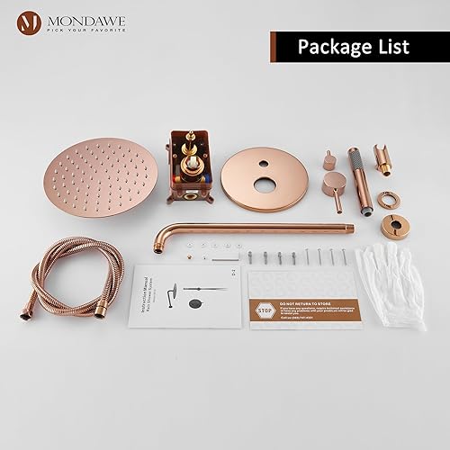 Miniatura 7 de MONDAWE Juego de grifo de ducha montado en la pared de 10 pulgadas en oro rosa, cabezal de ducha de lujo y ducha de mano con rociador, sistema de