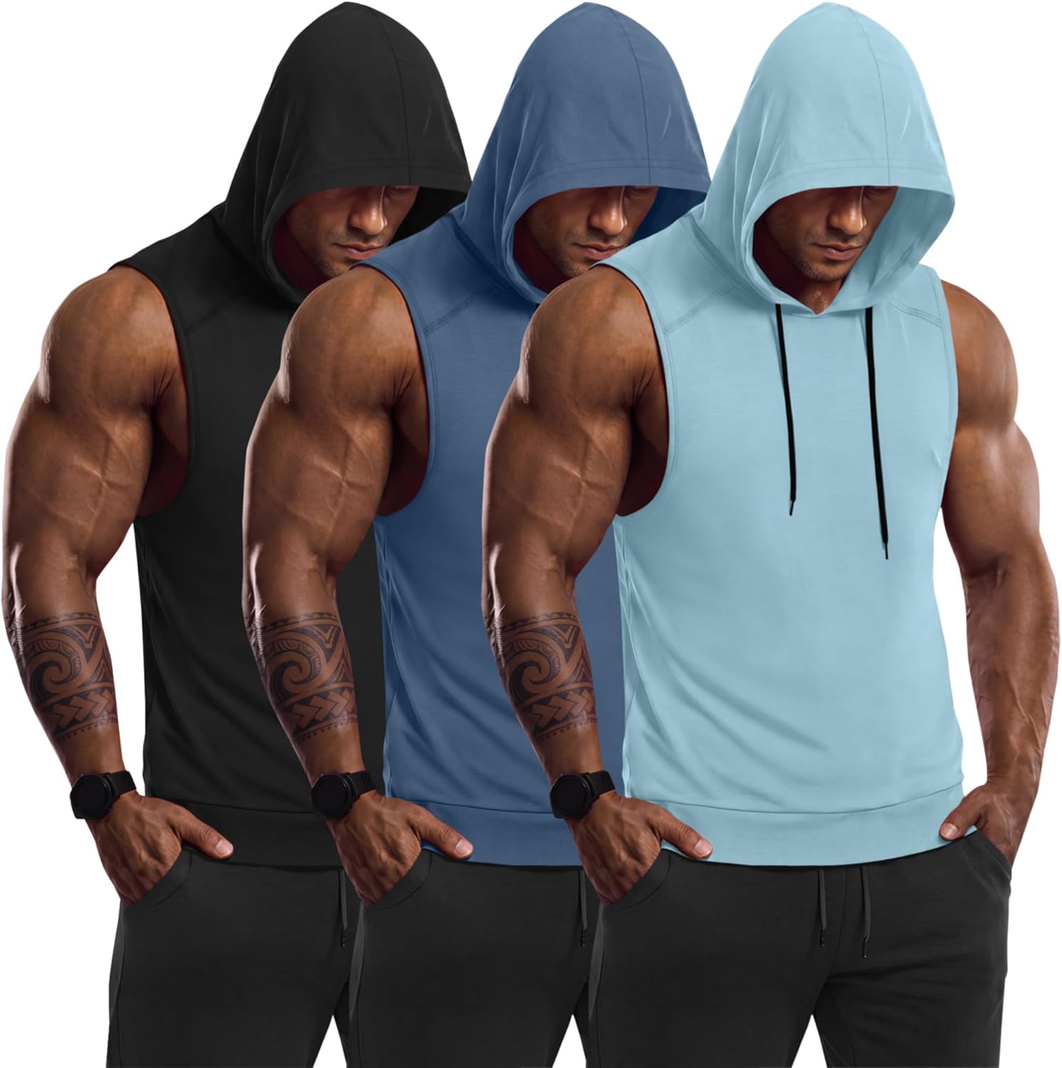 3 Pack Men's Big & Tall Workout Hooded Tank Tops Hoodie Sleeveless Shirts Bodybuilding Muscle Cut Off T Shirts