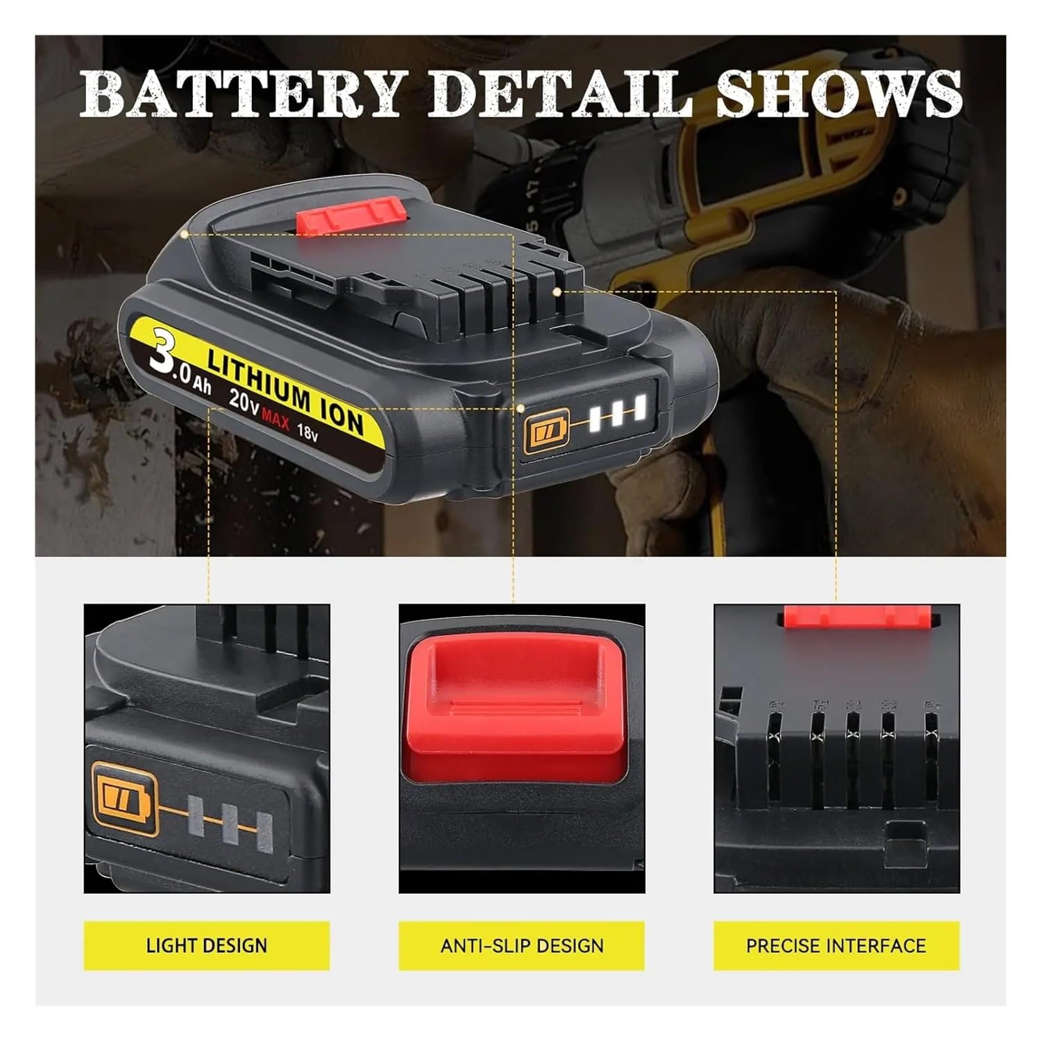 Batteria sostitutiva agli ioni di litio MAX da 20 V compatibile for DeWalt DCB201 DCB204 DCB206 DCB207 - Capacità 3,0 Ah - Opzioni confezione 1/2/4(Red)