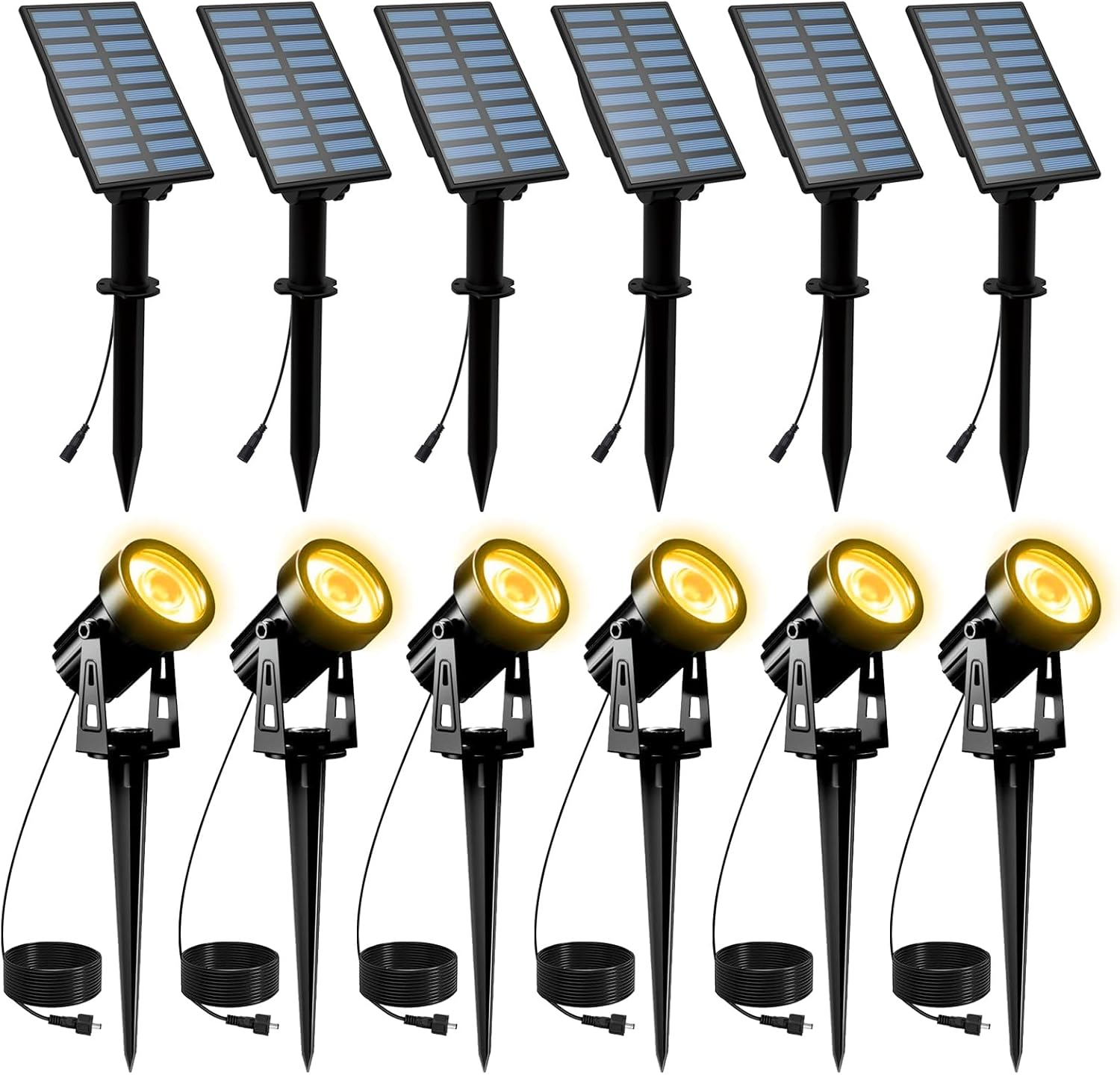 T-SUNUS Solar Landscape Spotlights 6 Pack Warm White, IP65 Waterproof Spot Lights 9.8ft Cable, Outdoor 3000K Separated Panel for Yard Garden Driveway Porch Walkway Pool Patio