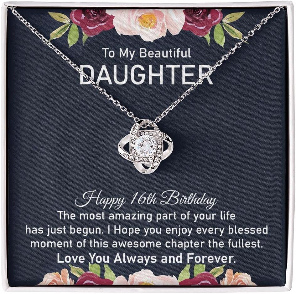 To My Beautiful Daughter Happy 16th Birthday Jewelry, Pendant Necklace Gift For Sweet Teen Girl Gifts, 16 Years Old Girls Bday Jewelry Necklace with Message Card and Gift Box Gift for Daughter From Mom & Dad (Luxury Box, Love Knot)