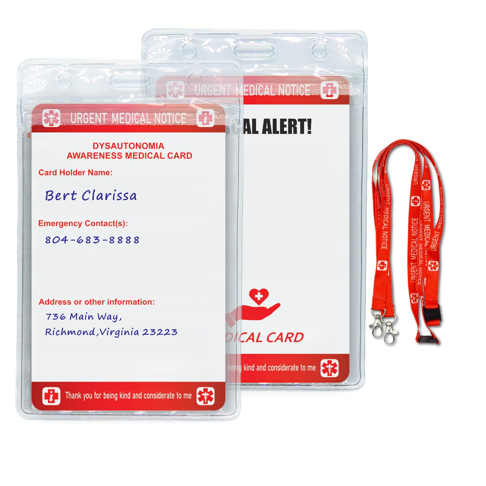 2pcs Medical Card with Writable Panel and Patterned Lanyard Emergency Contact Card