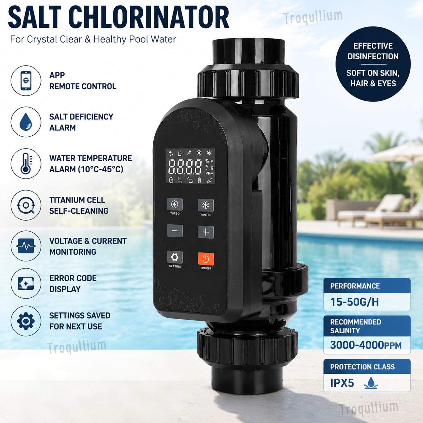 Sistema Inteligente de clorador de Piscina de Agua Salada, con Control de aplicación, celda de Titanio autolimpiante, monitoreo Digital y Alarma, for Piscinas enterradas y elevadas(20g/h)