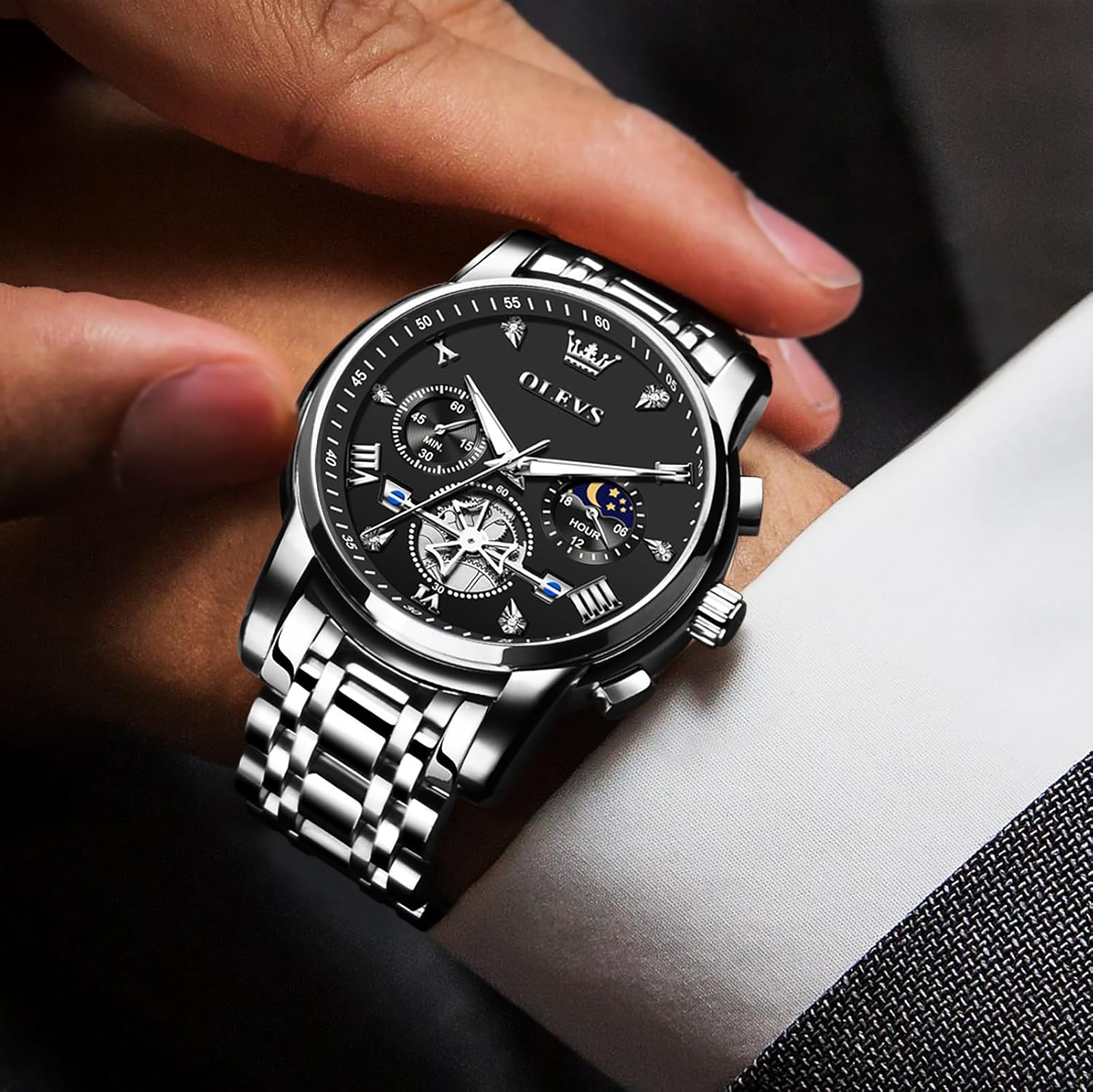 OLEVS Men's Stainless Steel Chronograph Watch, Large Face Easy to Read Roman Numerals Diamond Accented Analog Dress Watches for Men, Elegant Waterproof Luminous Male Quartz Wristwatch - Image 7