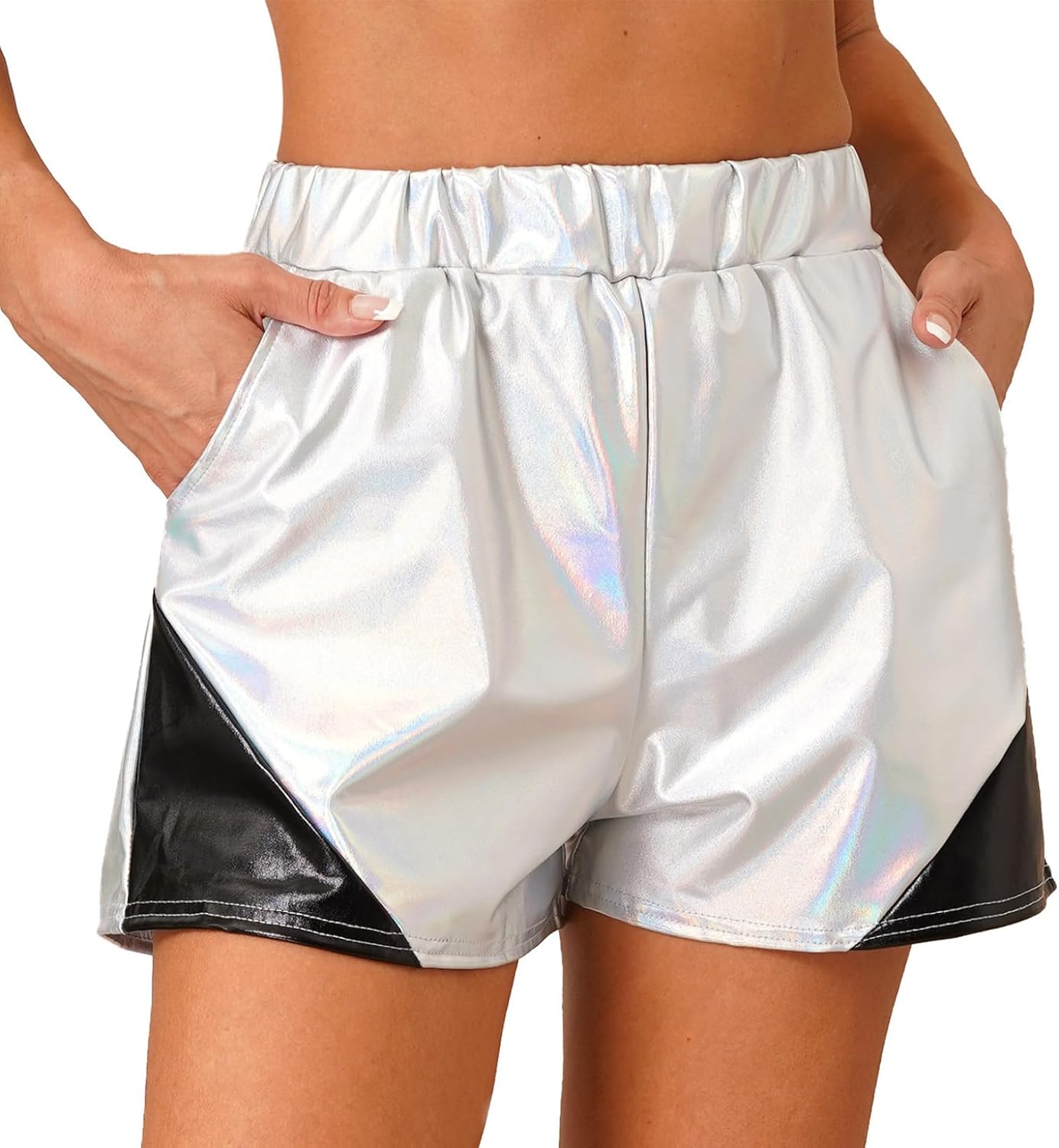 Women's Shiny Sparkly Liquid Booty Shorts Yoga Outfit Side Pockets Rave Dance Hot Pants