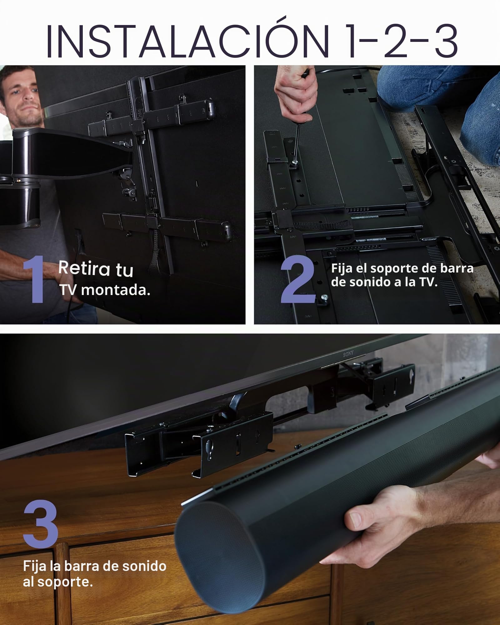 SANUS - Soporte de televisión para barra sonido Sonos Arc, con altura y profundidad ajustables Dolby Atmos, compatibilidad universal otros soportes fácil montaje, OSSATM