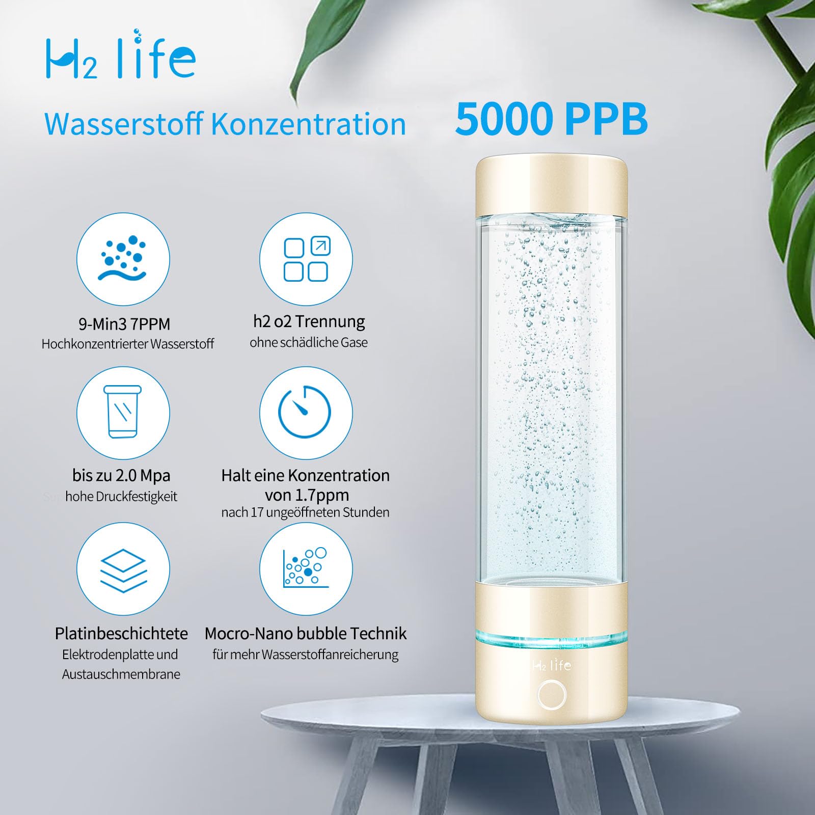 Generatore di acqua idrogeno, bottiglia d'acqua idrogeno professionale senza BPA doppia modalità ionizzatore d'acqua riutilizzabile portatile con SPE e PEM Gold
