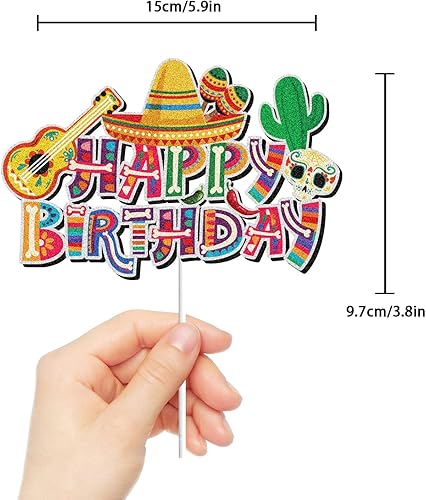 Miniatura 2 de Decoración de pastel de cumpleaños mexicano con purpurina colorida para fiesta temática del Cinco de Mayo para Taco, fiesta, bigote, sombrero de