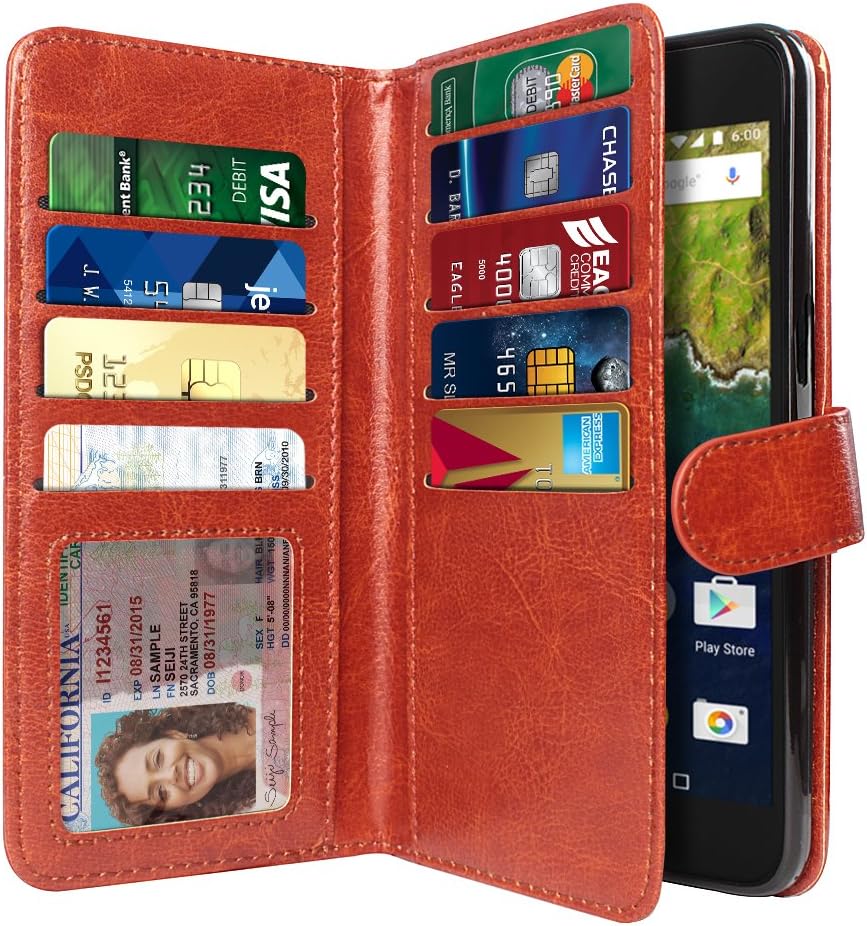 NEXTKIN Case Compatible with Huawei Google Nexus 6P, Leather Dual Wallet Folio TPU Cover, 2 Large Pockets Double Flap, Multi Card Slots Snap Button Strap for Google Nexus 6P - Dark Brown