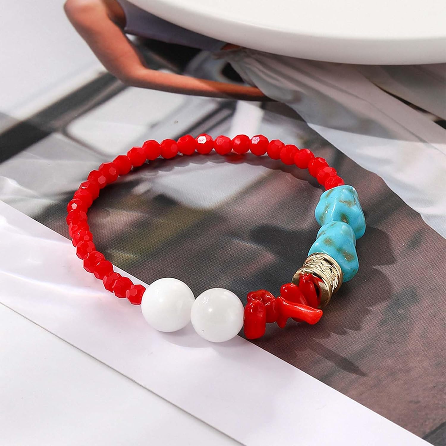 HETICA Irregular Turquoise Bracelet for Women Red Crystal Stretch Bracelets Jewelry - Image 4