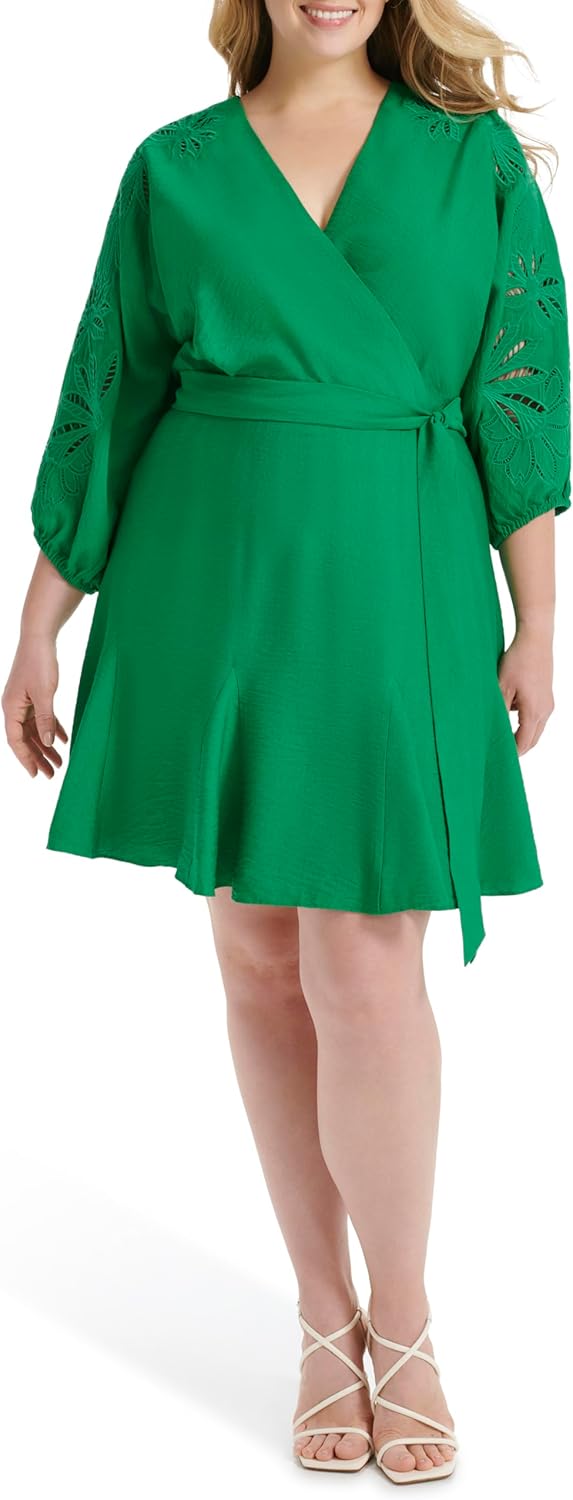 DKNY Women's Long Balloon Sleeve Surplice Neck Mini Eyelet Embroidery Belted Dress