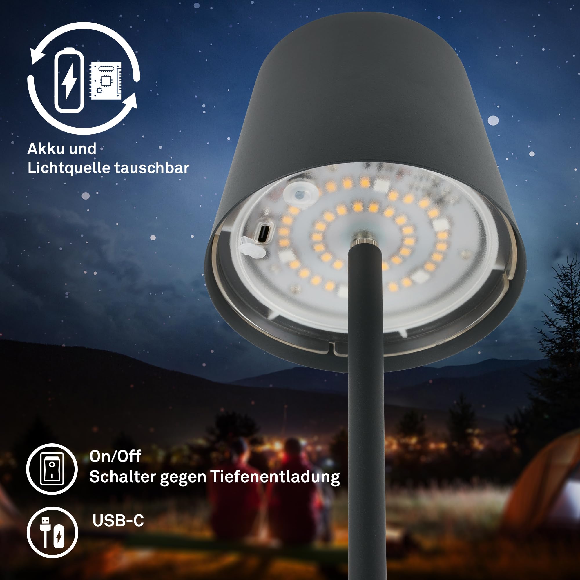BRILONER - Lampada da terra LED RGBW senza fili con touch, dimmerabile all'infinito, batteria ricaricabile e sorgente luminosa intercambiabile, altezza 133 cm, nero