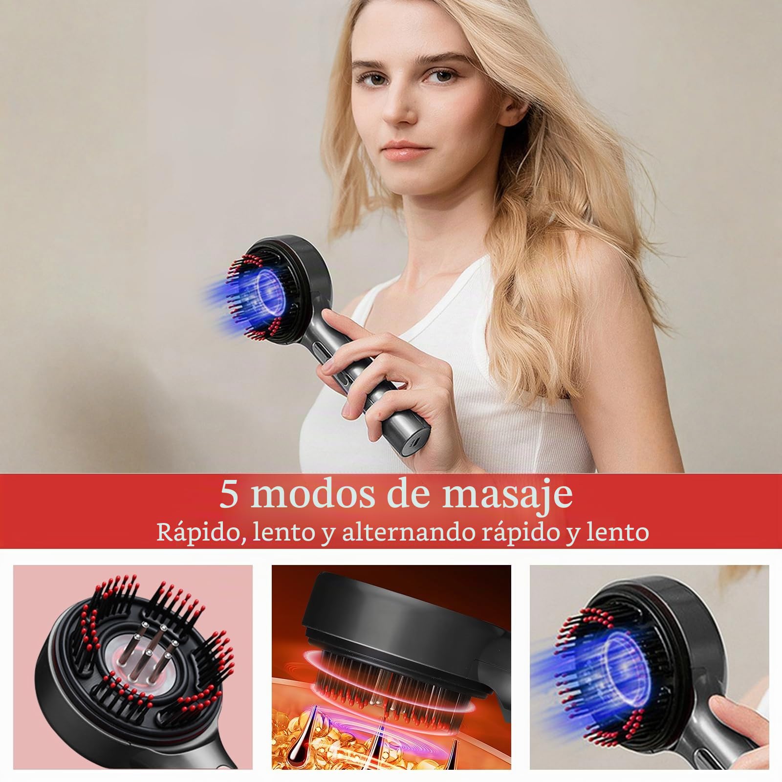 Masajeador Eléctrico para Cuero Cabelludo,2-en-1 Cepillo de Masaje con Luz Roja,Azul y Violeta,5 Niveles,IPX7 Impermeable,Masaje 360° para Cuidado del Cabello y Piel – Regalo para Hombres y Mujeres