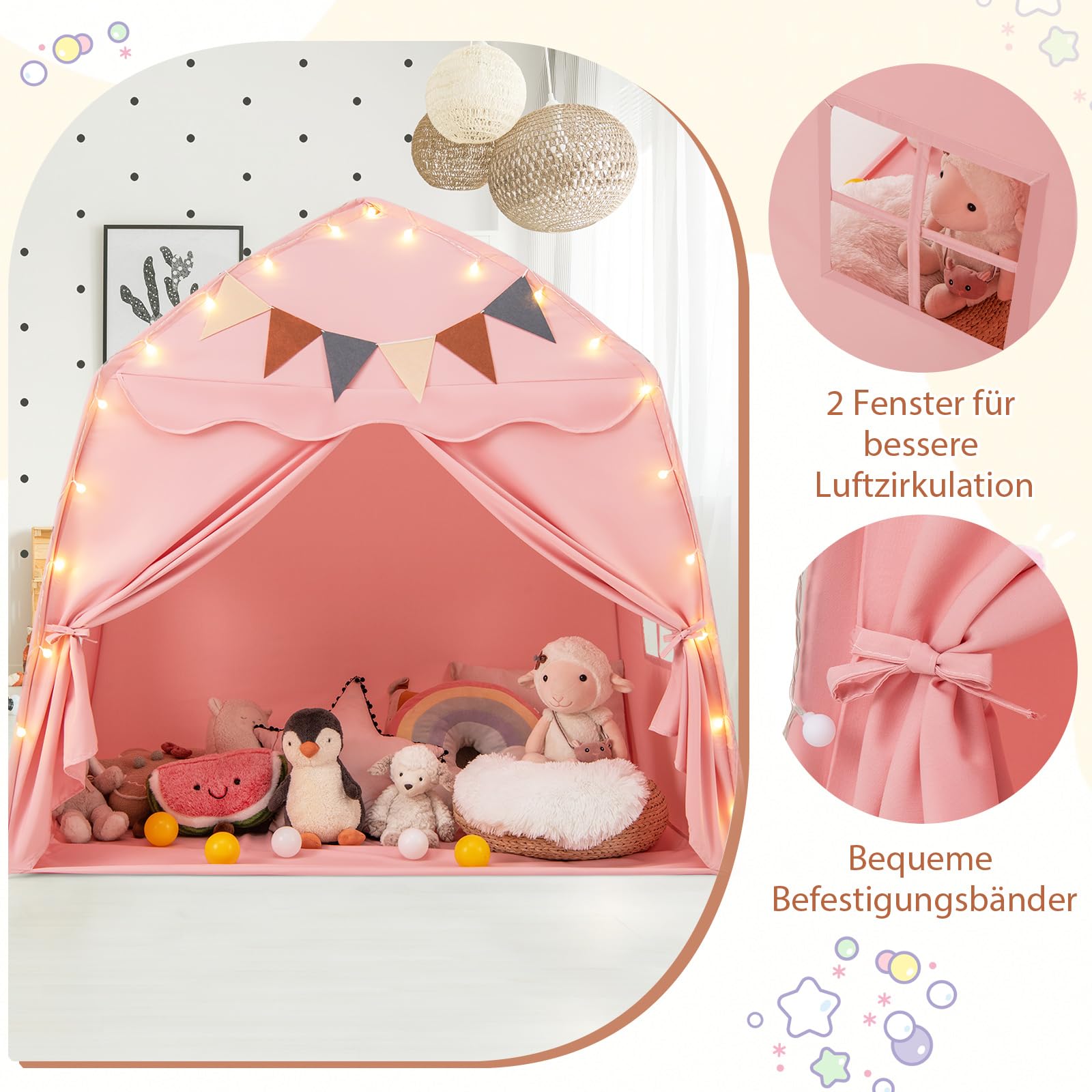 COSTWAY Spielhaus Kinder Indoor, Kinderzelt mit Flaggen & Lichterketten, Prinzessin Spielzelt, Großes Zelt Kinderzimmer für Jungen und Mädchen ab 3 Jahren, 157 x 98 x 148 cm (Rosa)