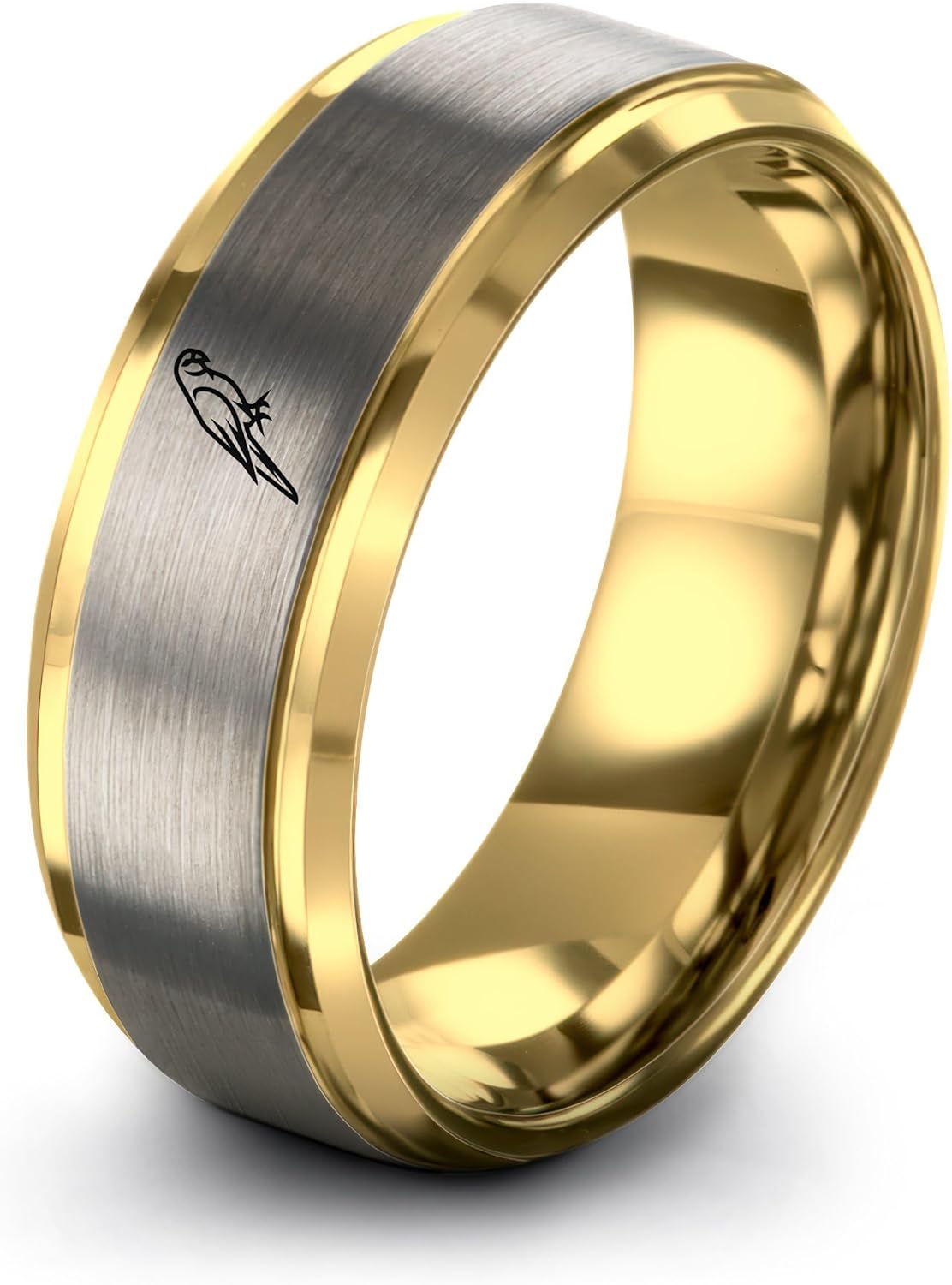 Gift for Bird Fan - Parrot Ring - 8mm - Yellow Rose Gold Blue Silver - Tungsten Carbide - Anniversary Wedding - Band - Flat Dome Bevel - Brushed Polished - Personalized Custom Engraving - Men Women