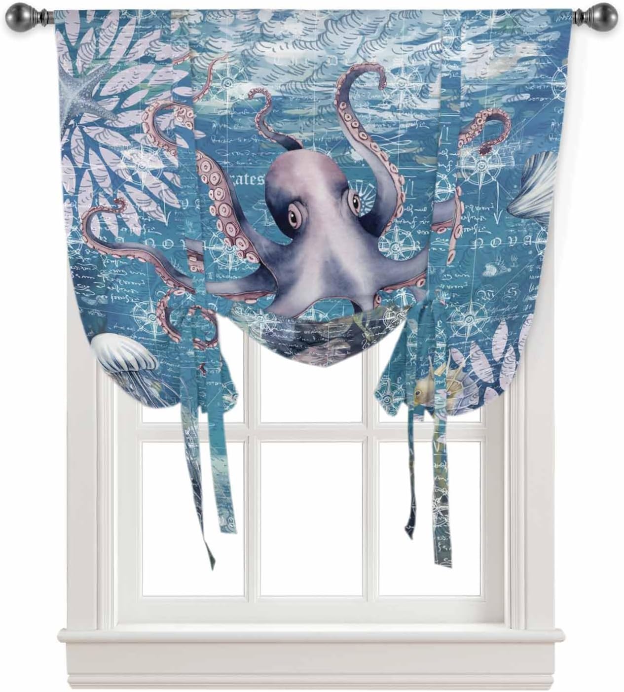 Tie Up Curtains for Windows, Sea Ocean Octopus Animal Kitchen Curtain Adjustable Balloon Window Shades, Vintage Map Valance Curtains for Living Room/Bedroom/Cafe 46"x63"
