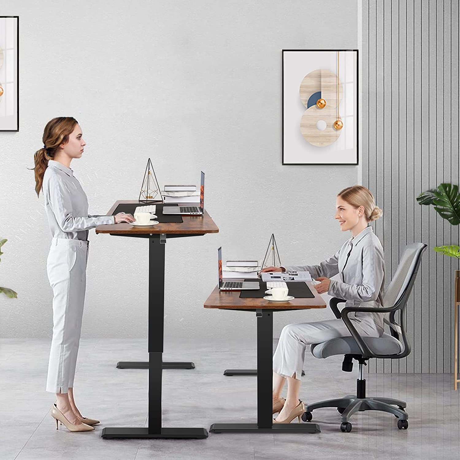 Electric Adjustable Height Standing Desk, 48×24 Inches Sit Stand Desk with Power Socket, 2 USB Ports, 3 Power Outlets, 4 Wheels,4 Memory Buttons Home Office Computer Workstations (Brown)