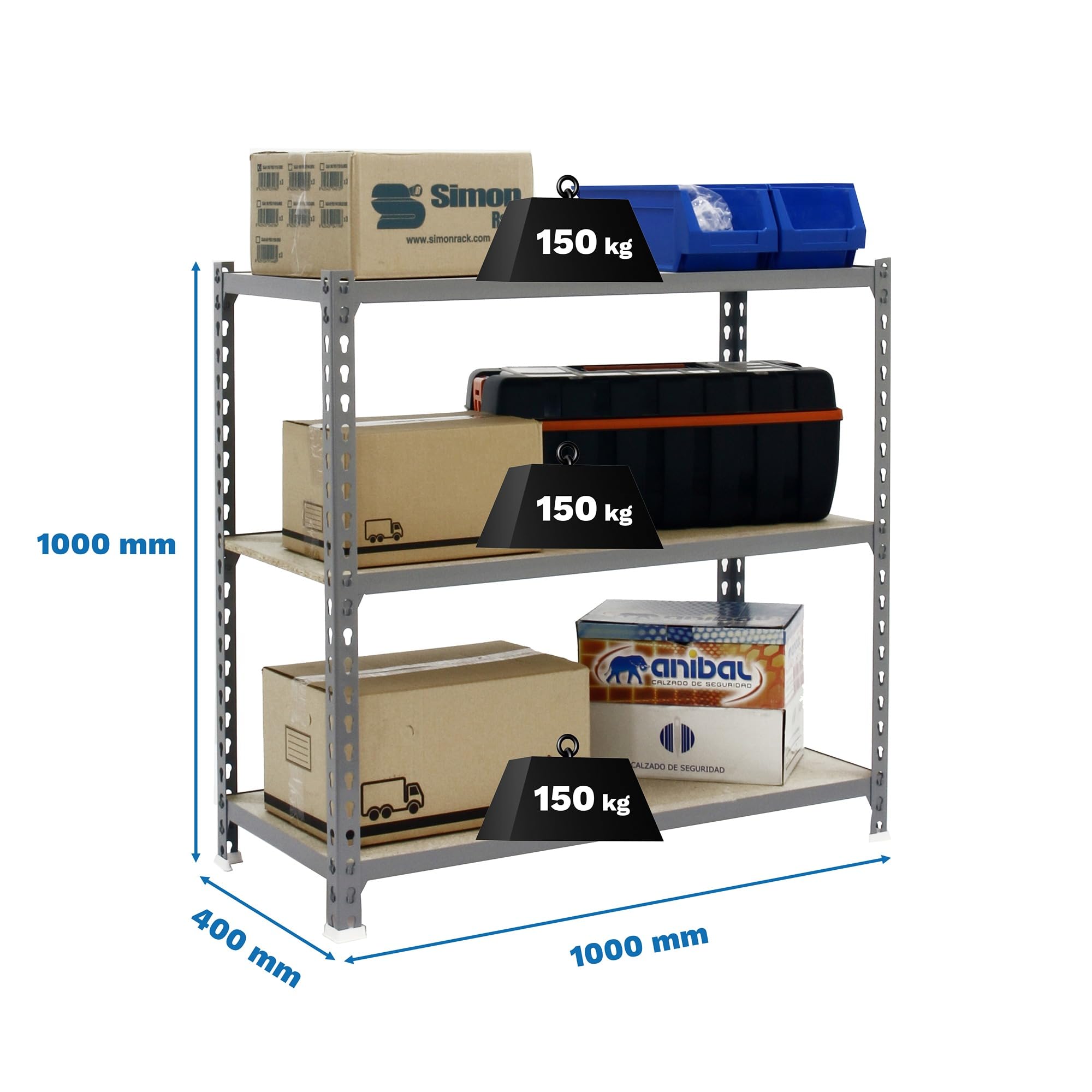 SimonRack Étagère Rangement et 3 Niveaux en Boix, 150 kg Capacité de Charge et Point de Flexion, 1000x1000x400 mm, Étagère Charge Lourde, Étagère Garage, Gris/Bois - Maderclick