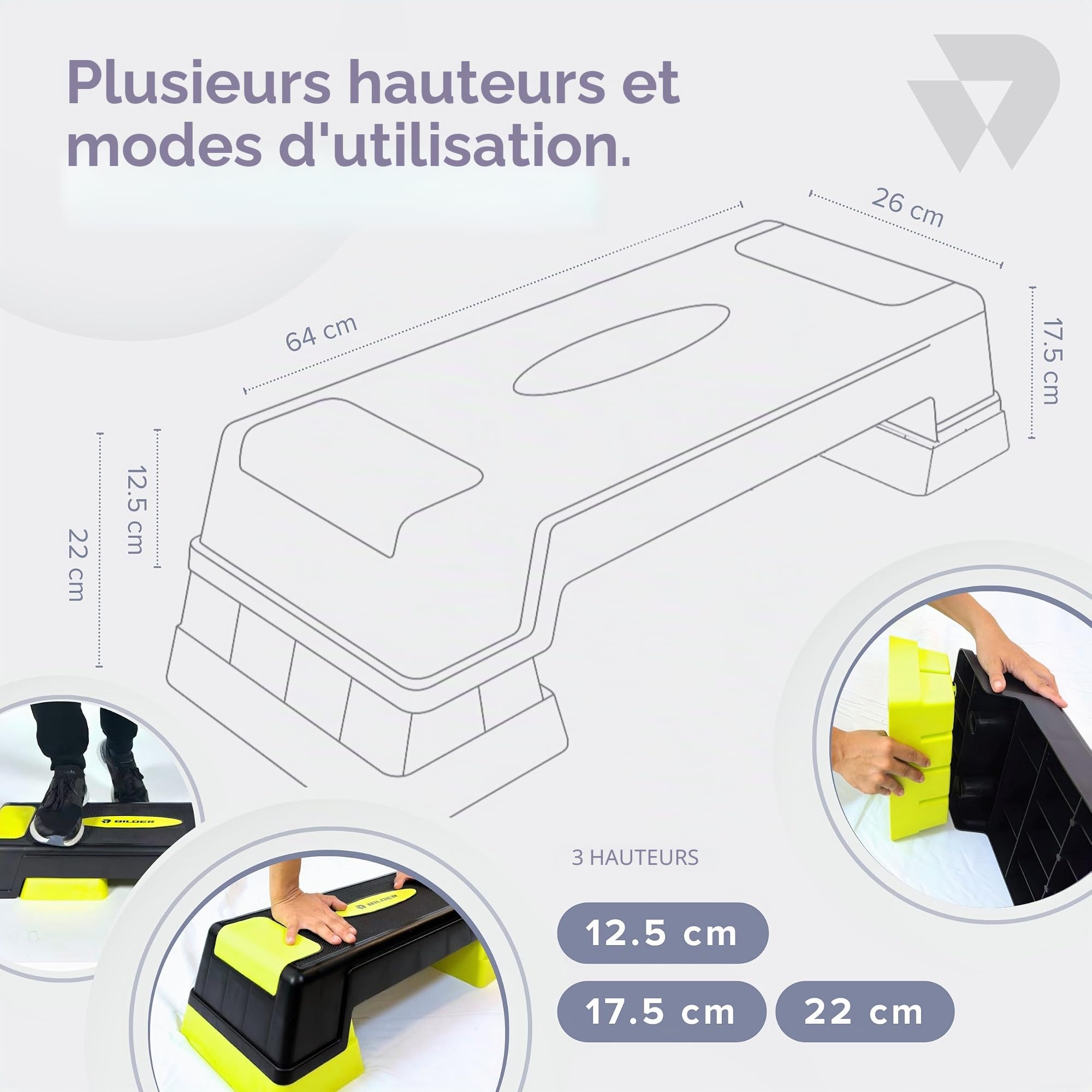 BILDER - Étape d'entraînement aérobie, stepper fitness maison et gym antidérapant, hauteur réglable, repose-pieds idéal pour améliorer la force et la coordination, capacité de charge 150 kg, exercices