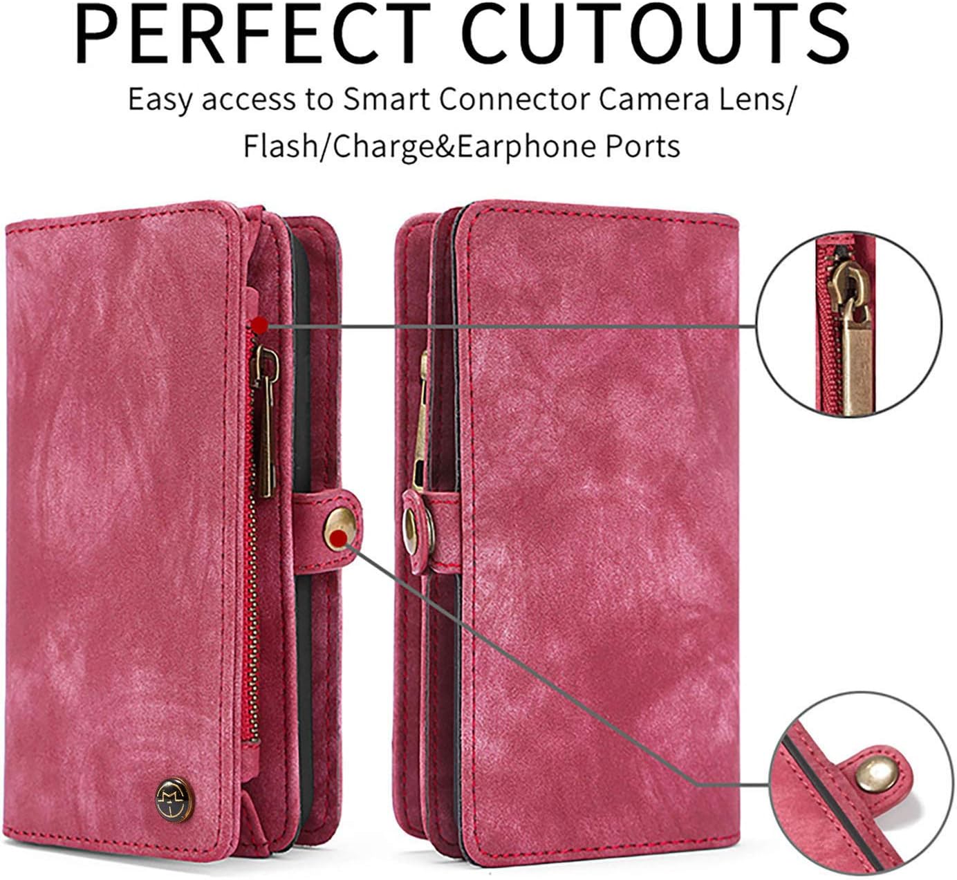 Simicoo Compatible with Samsung A10 Leather Wallet Zipper Purse Detachable Card Slots Holder Flip Case Magnetic Wrist Strap Handle Shockproof Cover Pocket Wallet Handbag (Red, A10)