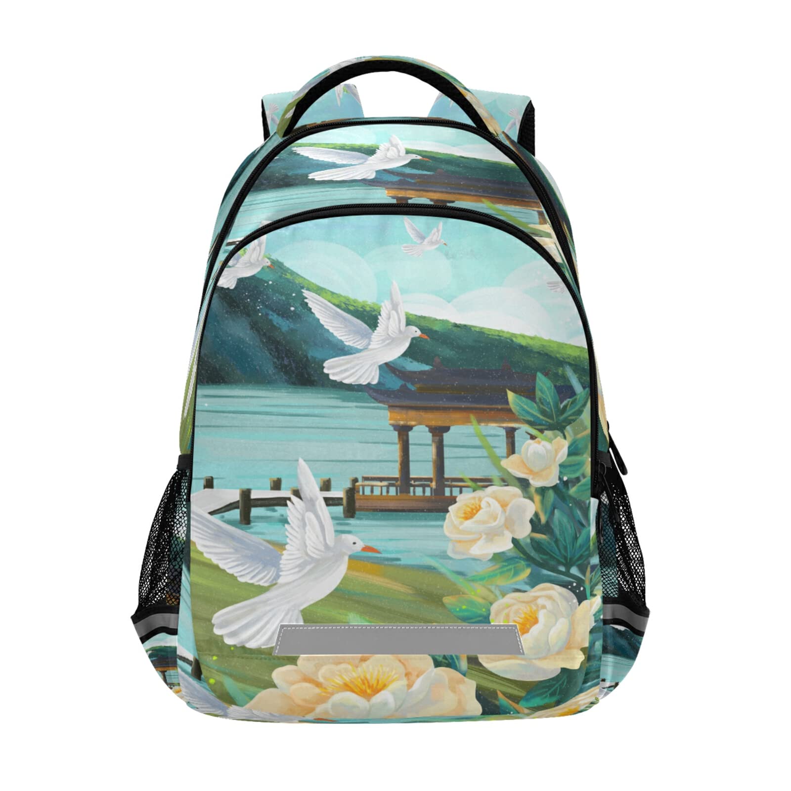 Rose Crane Floral Mountain Landship Backpack Student Bookbags for Travel Hiking Kid Girls Boys