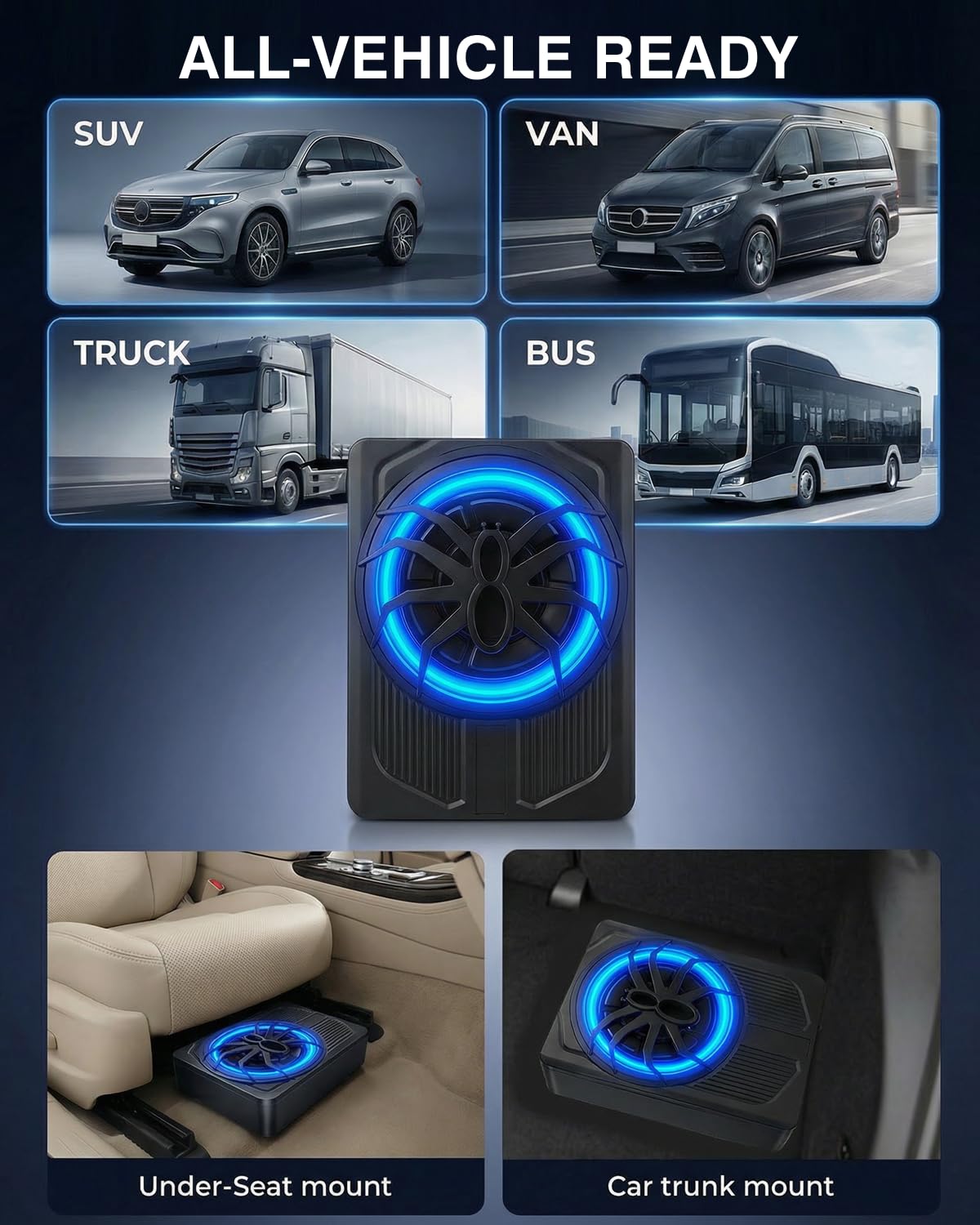 Subwoofer attivo per veicoli, progettato per essere posizionato sotto il sedile, 1000 W di potenza massima, driver da 10 pollici, con illuminazione ambientale blu, amplificatore integrato.