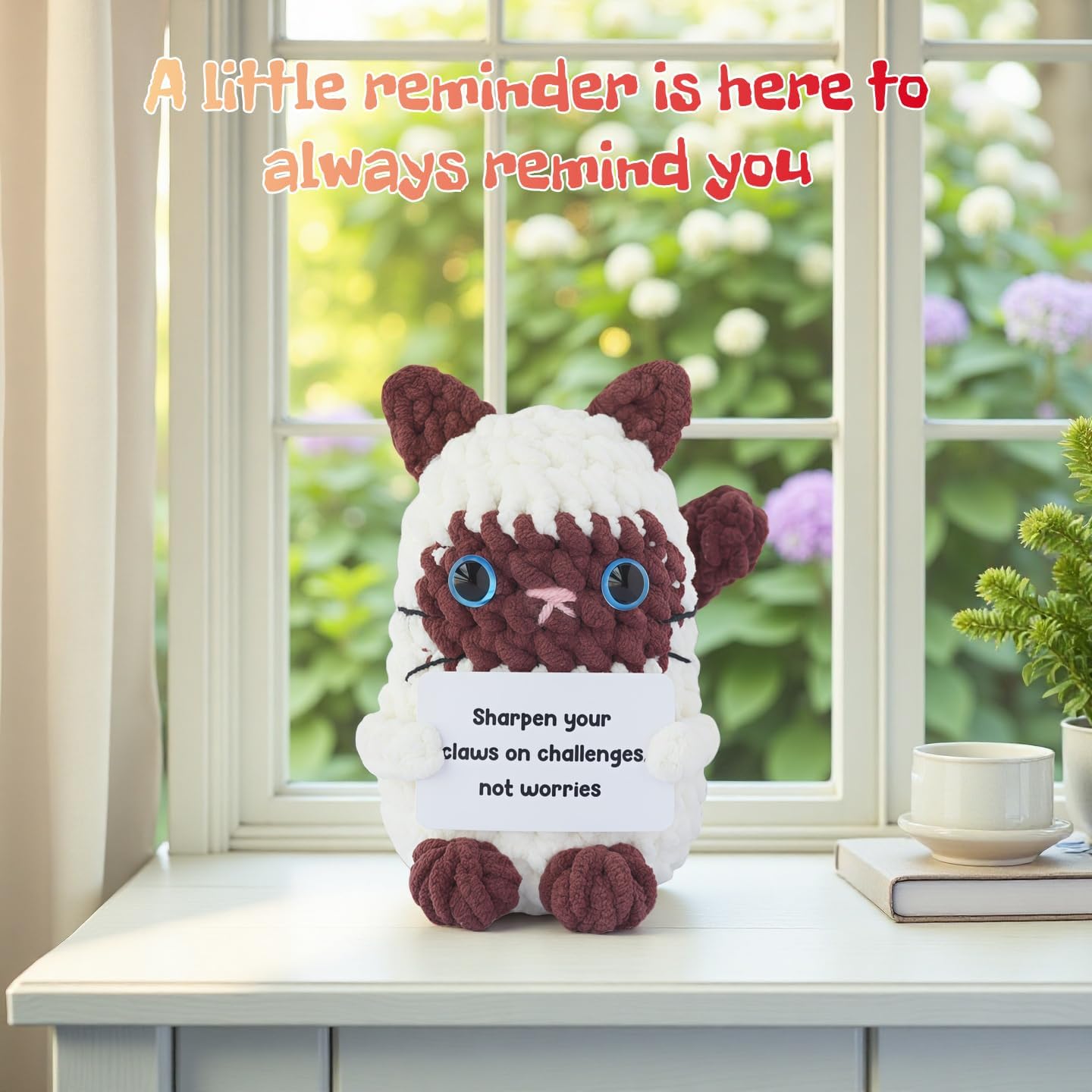 Positive Crochet Cat - Handmade Emotional Support Plush, Unique Crochet Anxiety Toy for Friends, Teacher, Mom, or Self-Care | Cheer Up Gifts for Birthday Mothers Day Christmas