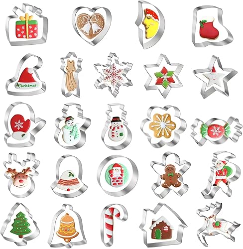 Juego de 24 cortadores de galletas de Navidad, de acero inoxidable, muñeco de nieve, hombre de jengibre, copo de nieve, árbol de Navidad, ciervos