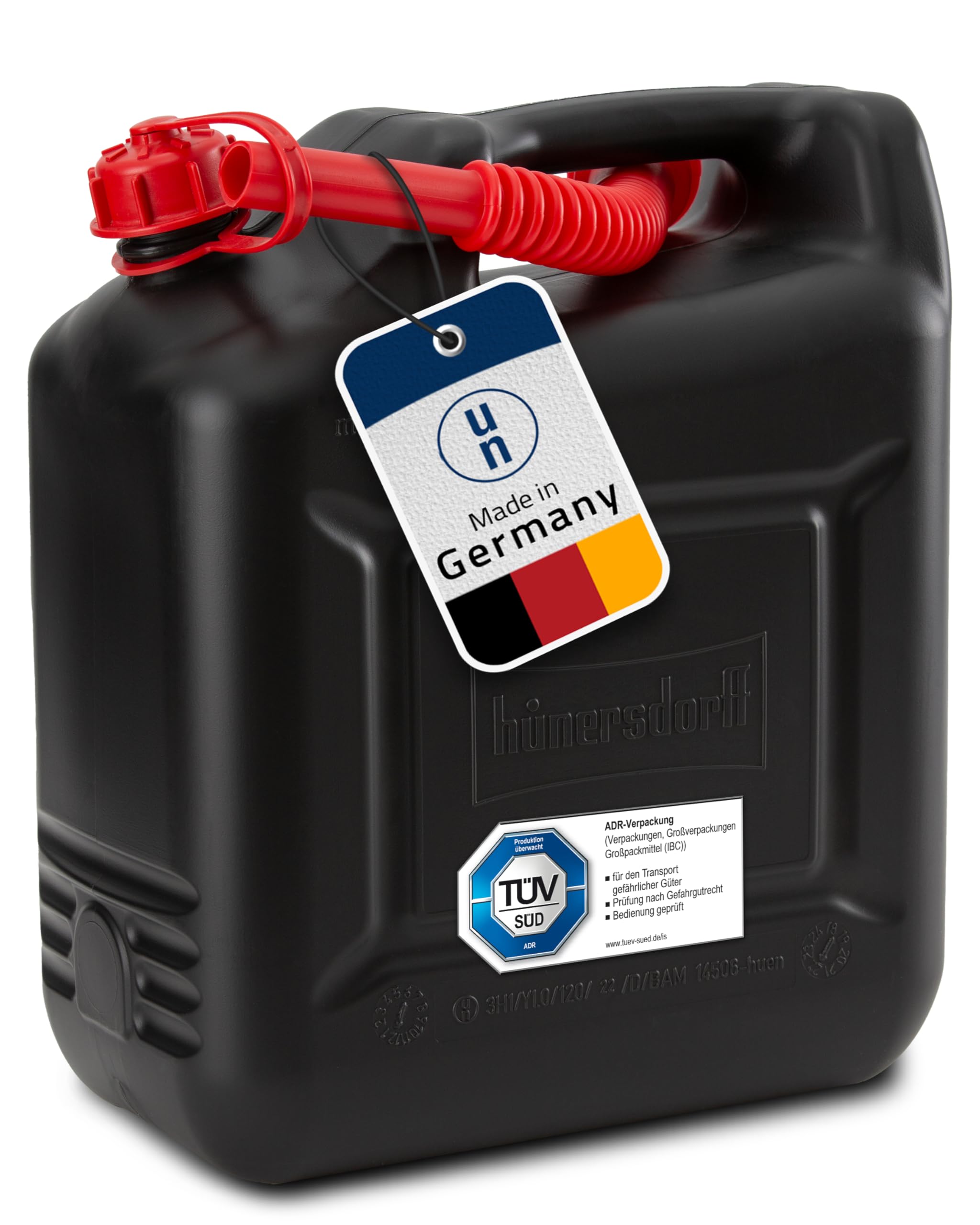 hünersdorff Kraftstoff-Kanister 862800 COMPACT 10l für Benzin, Diesel und andere Gefahrgüter, UN-Zulassung, made in Germany, TÜV-geprüfter Produktion, schwarz
