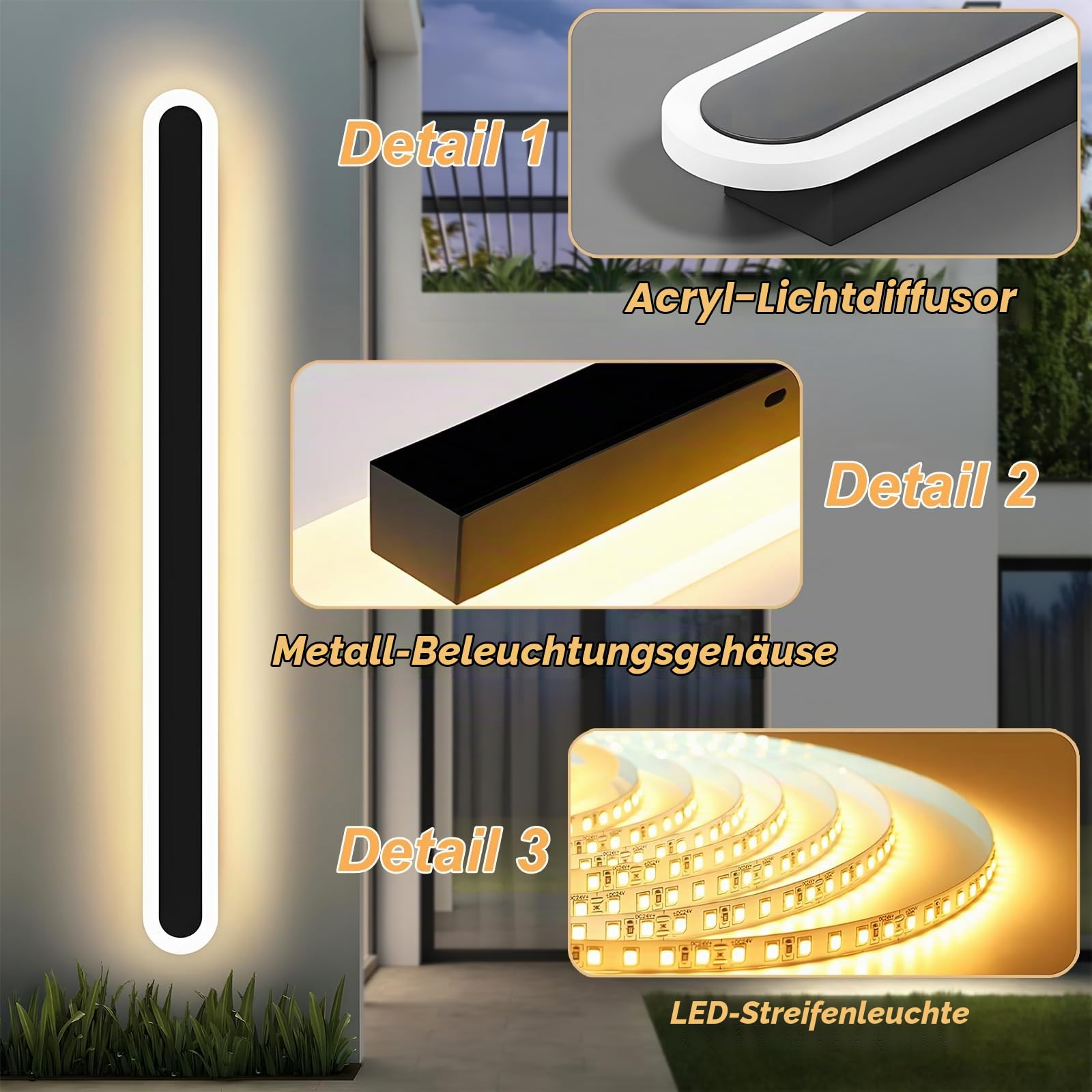 25W/120CM Wandleuchte Aussen LED Lange Wandlampe mit Fernbedienung | Moderne Wasserdicht Ip65 Wandleuchte,Dimmbar 10-100%, 3000K-6000K,,für Villa Garten Korridor Außenbalkon,110-240V,Schwarz