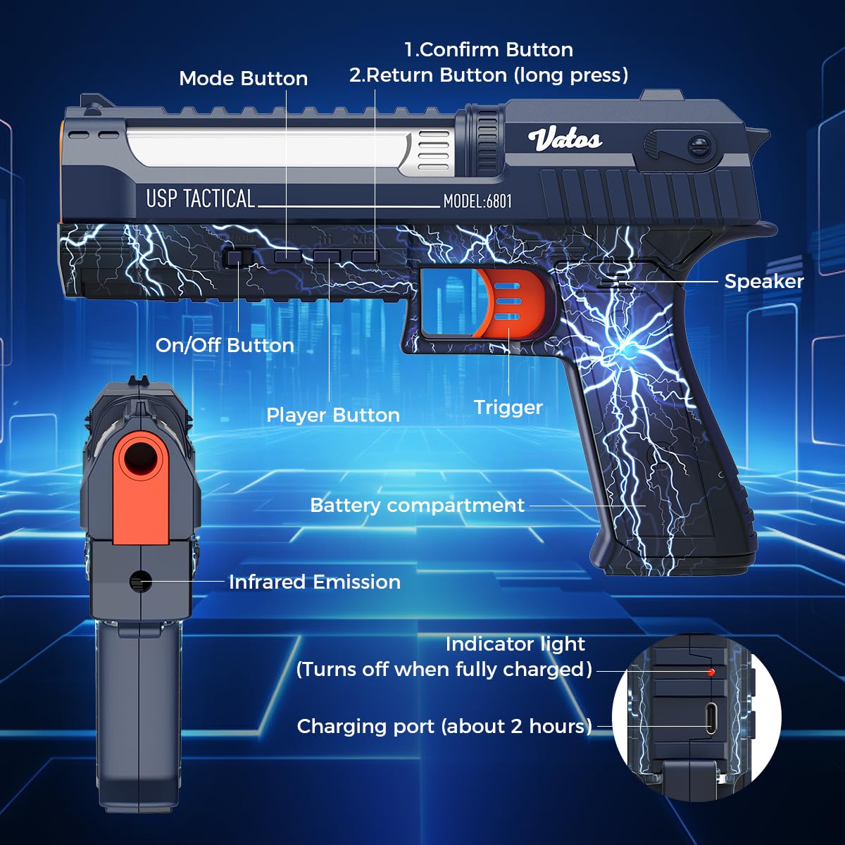 VATOS Juego de dianas inteligentes con pistola láser recargable, puntuación automática, 4 modos de disparo