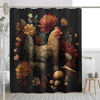 Black Fall Aesthetic Chicken Shower Curtain Set, Autumn Flowers Poultry Rooster Shower Curtain, Vintage Bathroom Accessory, Print Polyester Fabric Decor 62x72 Inch