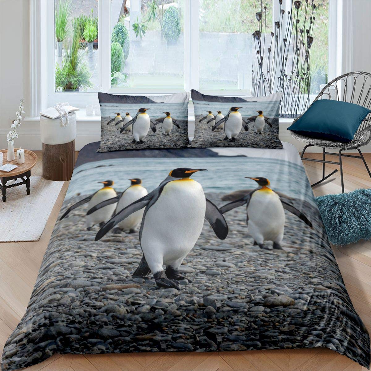 Homemissing Boys Multicoloured 32 Funny Penguin Bedding Set Cartoon Penguin Comforter Cover For Kids Girls Teens Cute Polar Animal Duvet Cover Sea Beach Breathable Bedding & Linen Single