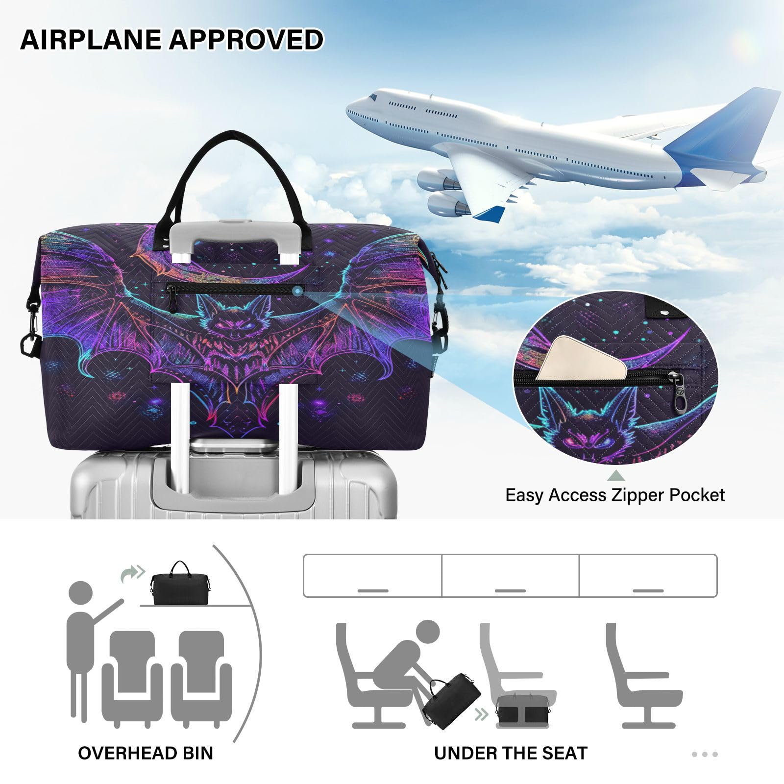 Bat Neon Crescent Weekender Gym Duffle Bag for Women with Toiletry Travel Tote Swim Bag