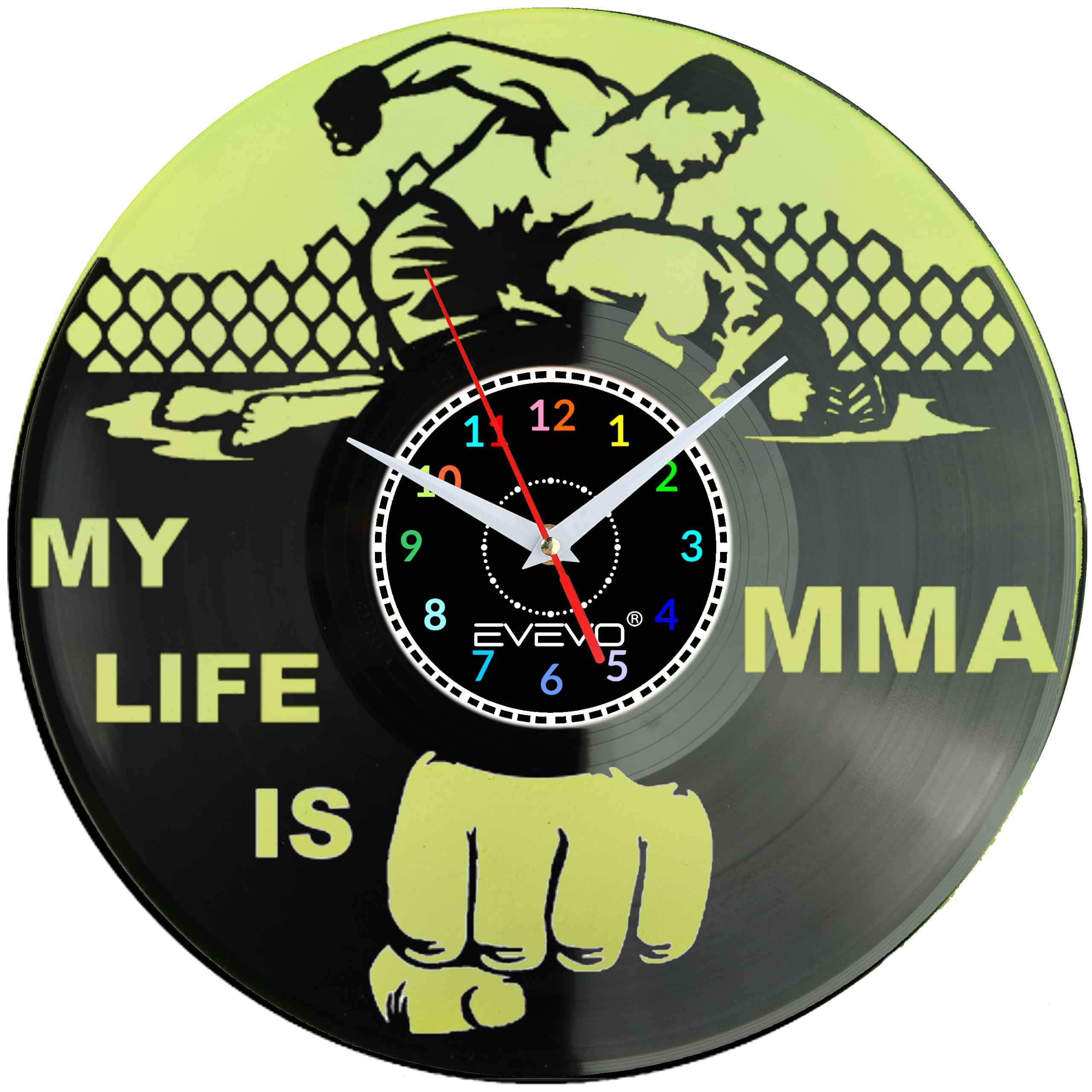 ZEGAR ŚCIENNY MY LIFE IS MMA FLUORESCENCYJNE TŁO PŁYTA WINYLOWA PREZENT UPOMINEK URODZINY GIFT SOUVENIR EVEVO F0048